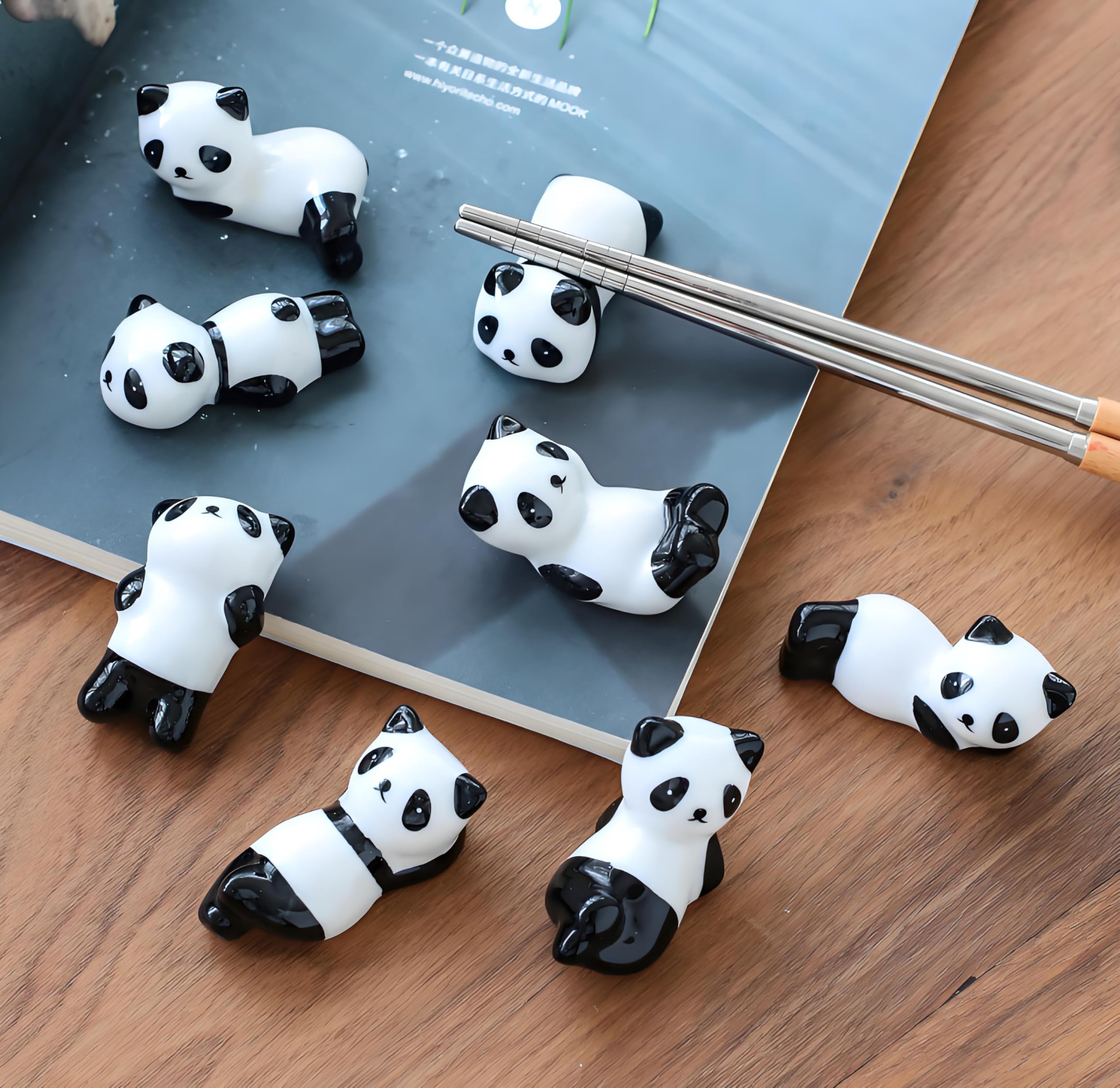 HOLLIHI 16 Pack Cute Chopsticks Rests Set, Chinese Paint Brush Holder, Japanese Style Ceramic Panda Bamboo Leaf Fine Porcelain Spoon Fork Knife Stands Rack for Dinner Tableware, Home Kitchen Gift