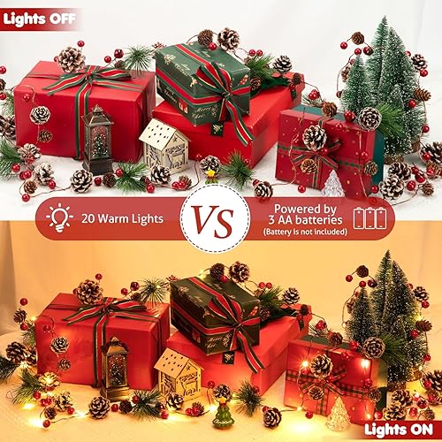 Miniatura 4 de Guirnalda de Navidad preiluminada con luces, guirnalda de Navidad iluminada con 20 luces LED de 7 pies con bayas rojas, funciona con pilas, para el
