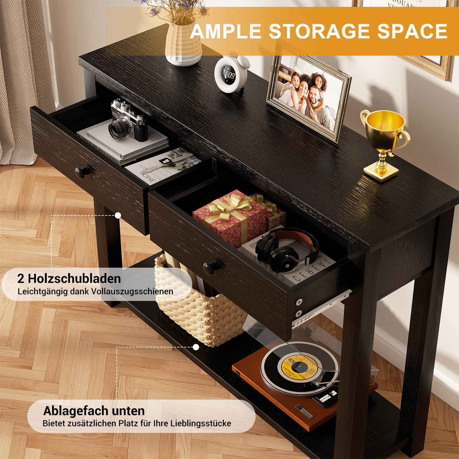 iSunirm Table console de style ferme en bois avec 2 tiroirs, table de 80 cm de large avec compartiment de rangement pour salon, derrière le canapé, table d'entrée pour couloir, salon ou entrée, Noir