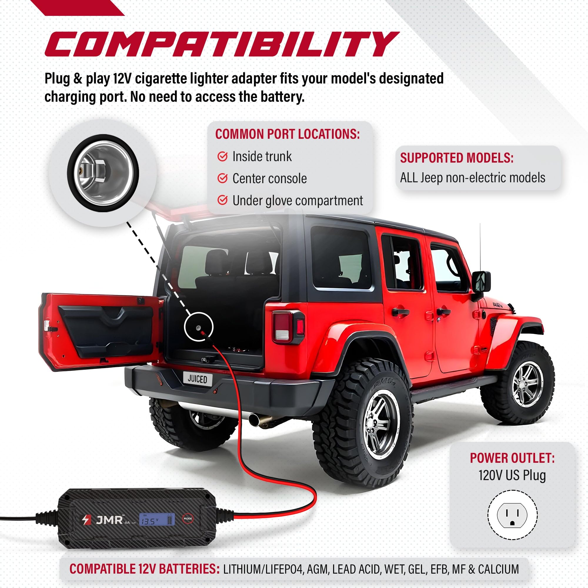 JMR Battery Charger for Jeep Wagoneer Wrangler Cherokee Commander Gladiator Compass Renegade Liberty Patriot All Models Trickle Charger Conditioner Maintainer (Add Lithium Mode)