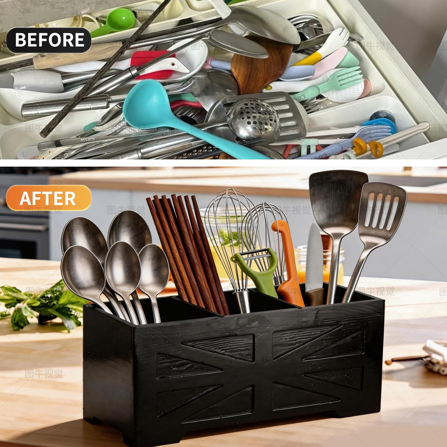 PEKER Large Wooden Utensil Holder with Removable Divider - 3-Compartment Countertop Organizer for Cooking Utensils - Black Kitchen Crock for Easy Storage 2 Pack