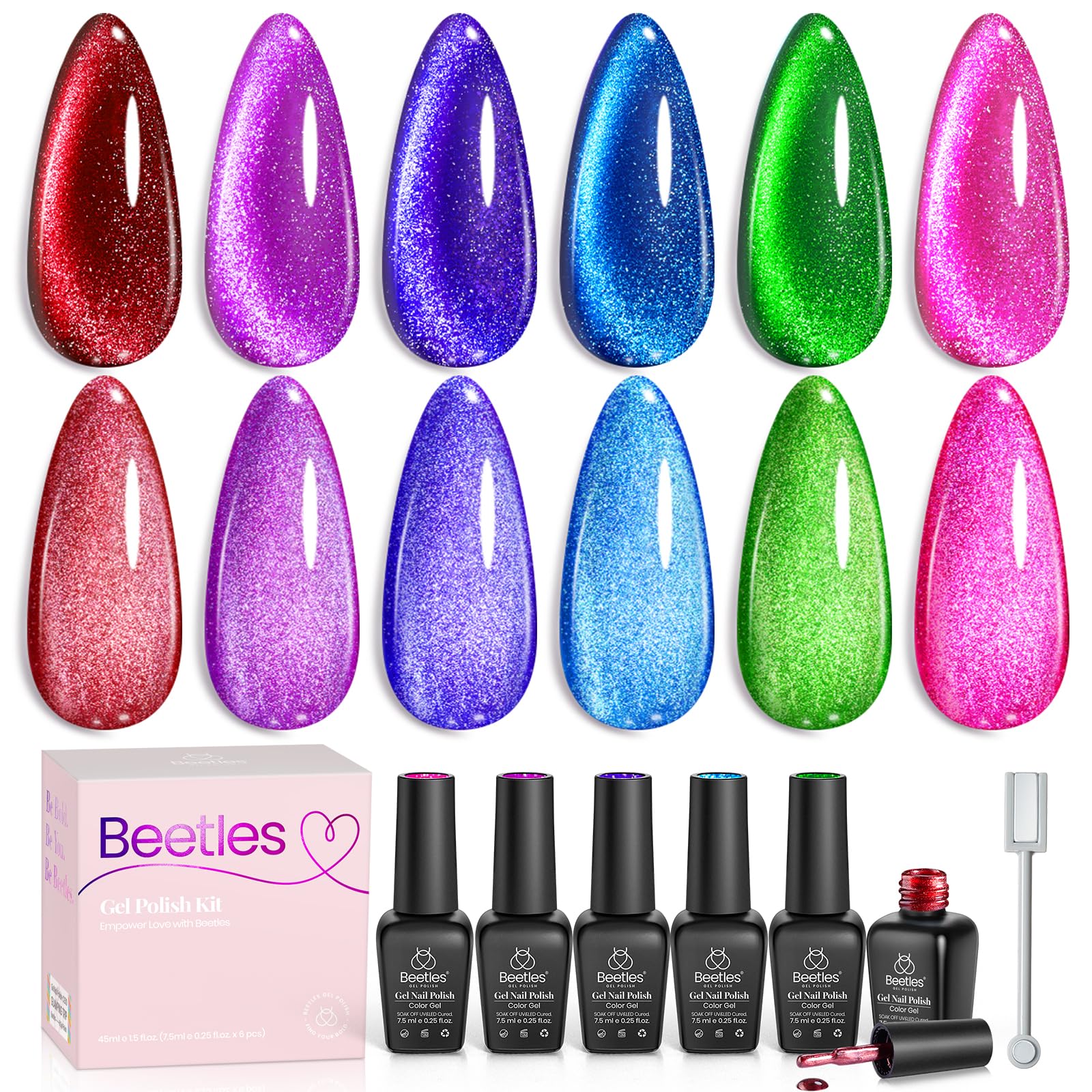 Beetles Cat Eye Gel Nail Polish, 6 Colors Christmas Cat Eye Glitter Gel Polish Set Neon Red Pink Purple Blue Green with Magnet Velvet Gel Kit Soak Off UV French Nail Art Manicure Gift for Women