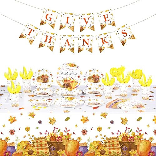 Miniatura 1 de Suministros para fiesta de Acción de Gracias sirven 24, incluye mantel de Acción de Gracias, banderines de papel de otoño, servilletas de calabaza y