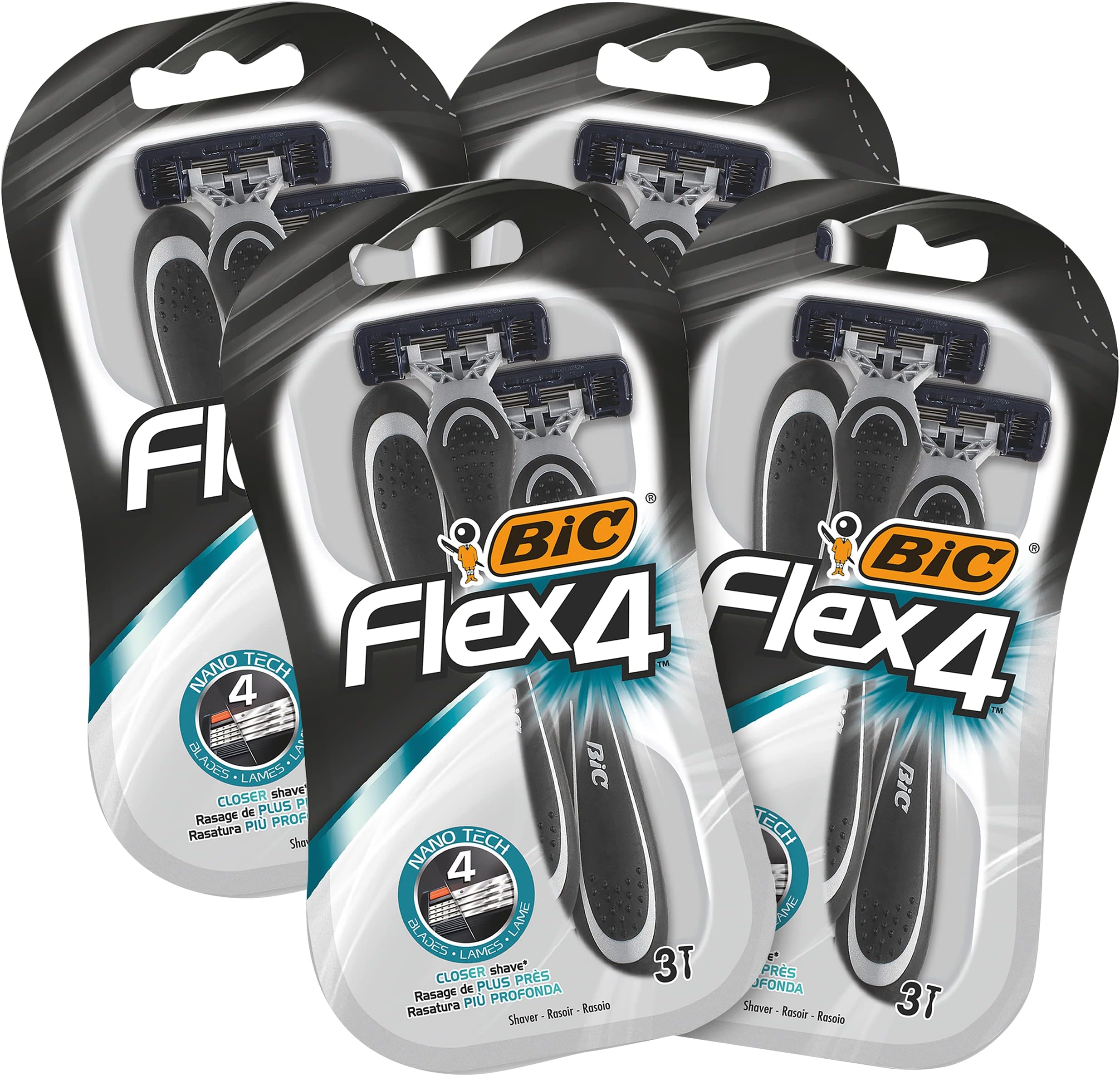 BIC Flex 4 Men's Razor, 4 x 3 Disposable Razors with 4 Blades Each with Aloe Vera & Vitamin E for a Gentle Shave