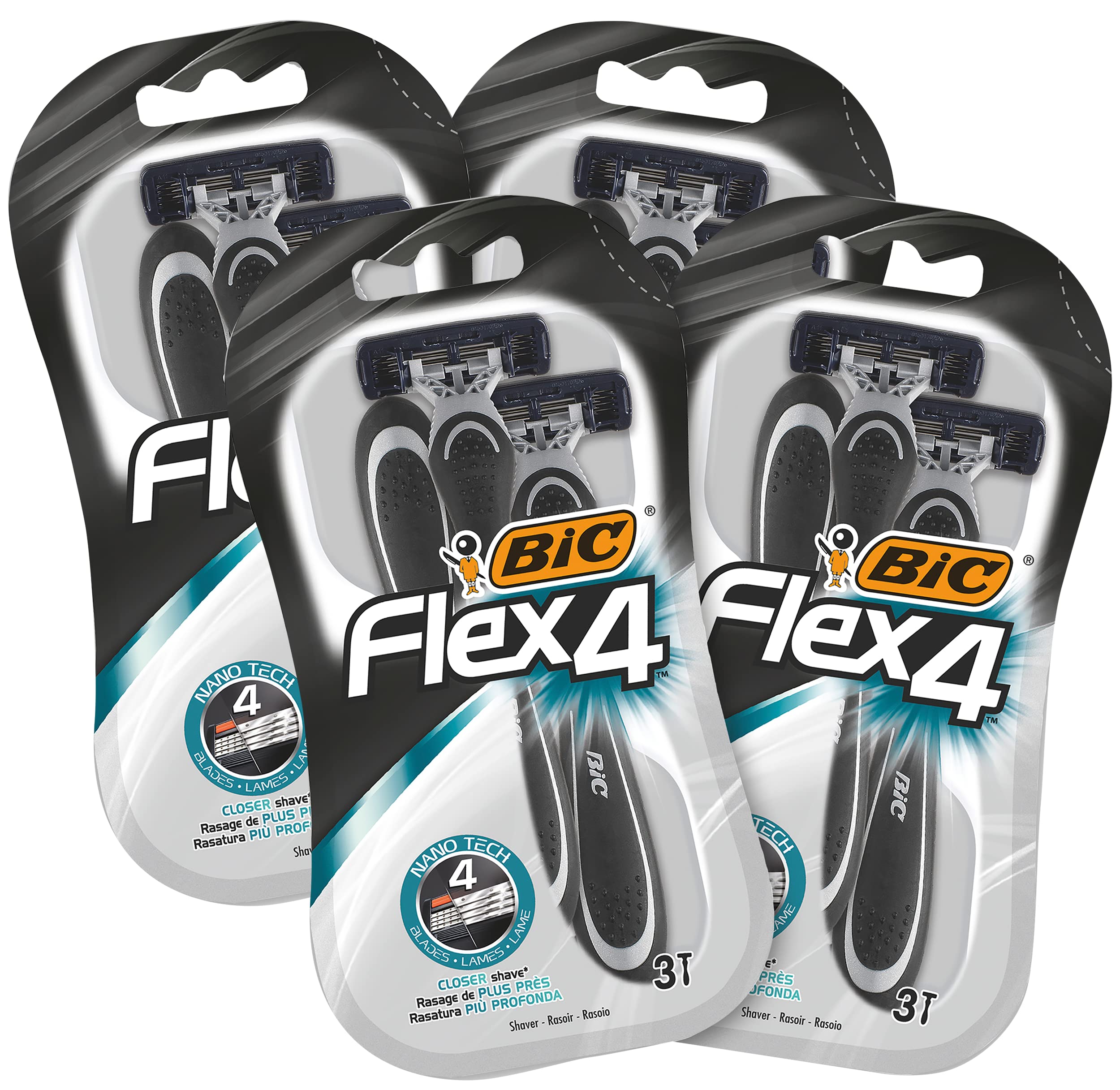 BICFlex 4 Men's Razor, 4 x 3 Disposable Razors with 4 Blades Each with Aloe Vera & Vitamin E for a Gentle Shave