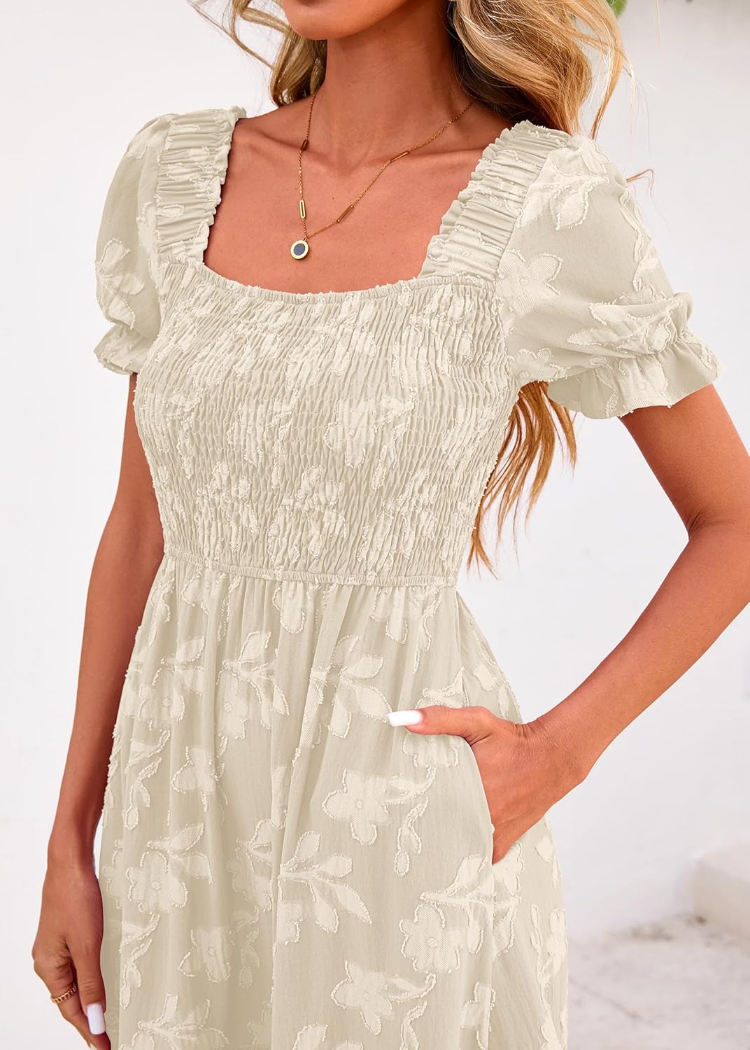 Lazysmile Women's Summer Boho Floral Maxi Dress Short Sleeve Square Neck Smocked Ruffle Elegant Wedding Guest Dress - Image 8