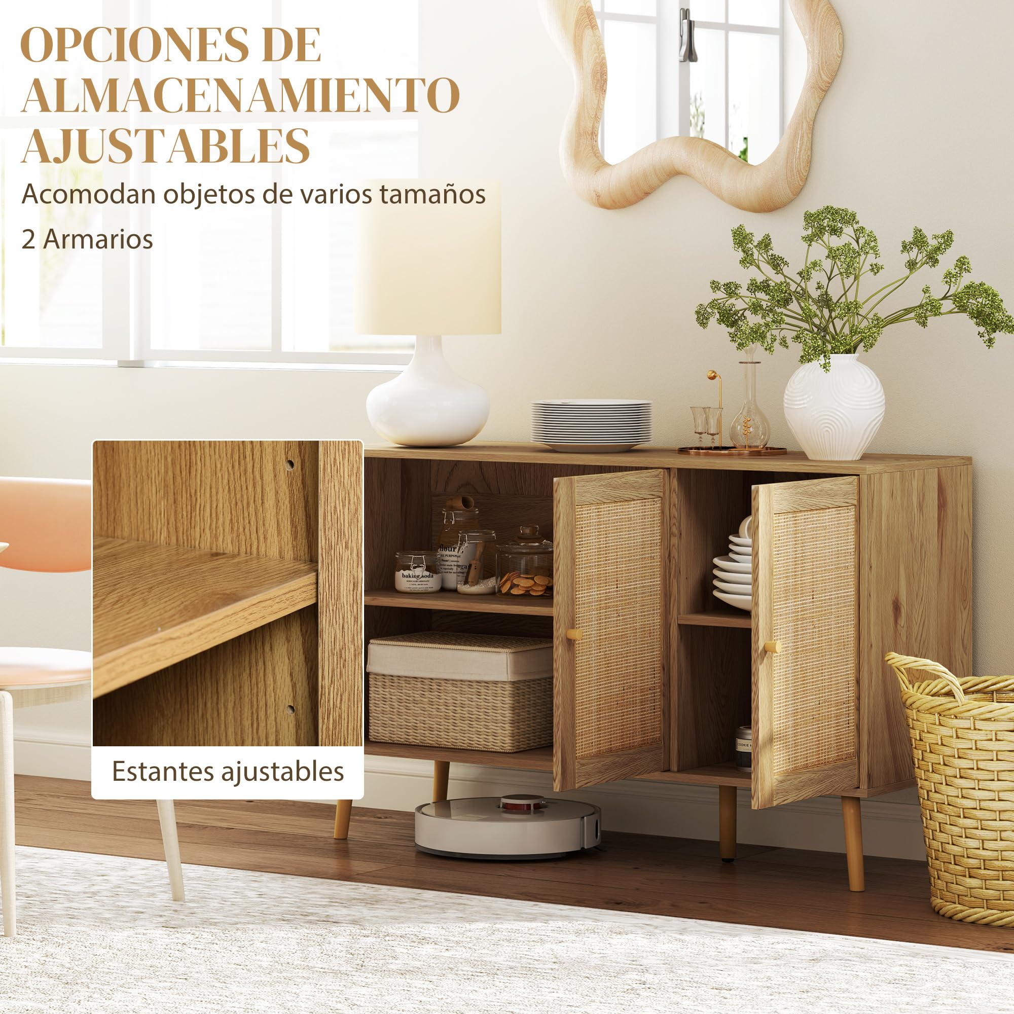 HOMCOM Aparador con 3 Puertas de Ratán, Aparador de Salón Bohemio, con Estantes Ajustables, para Cocina, Entrada, Dormitorio, Madera Natural, 120x40x75 cm