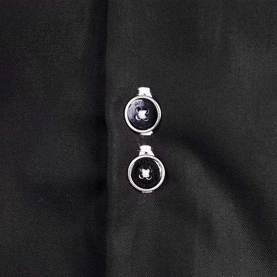 Handmade Long Sleeve Crewneck Dress Shirt - Black Fine Italian Supremo Cotton with Chinese Writing Style