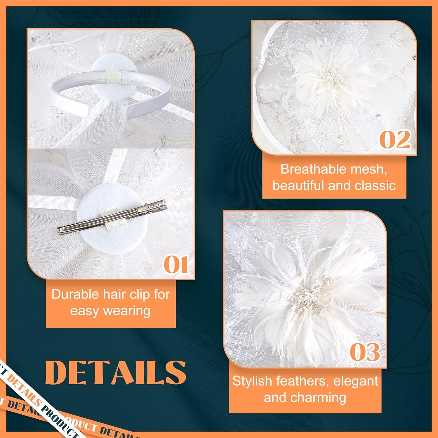 3 Pieces Fascinators Hats for Women Tea Party Hat Feathers Veil Mesh Hat Lace Gloves Pearl Choker Necklace Set for Wedding - Image 3