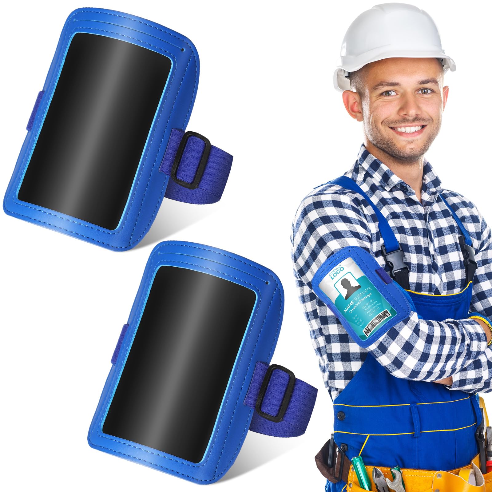 Geelin 2 Pcs Arm Badge Holder for Men Leather ID Armband Adjustable Badge Holder with Elastic Arm Band Waterproof Ski Pass Armband for Work Postcards