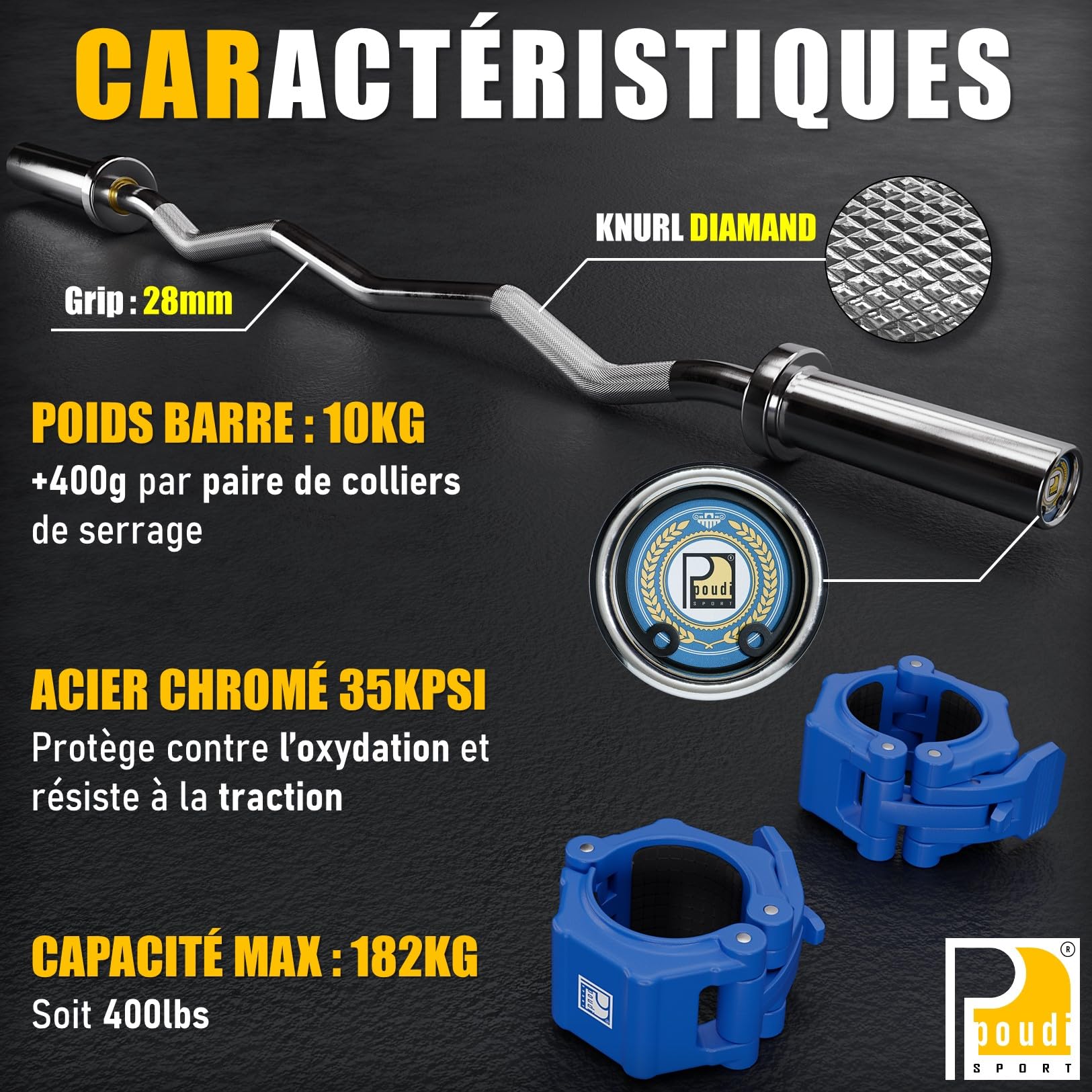 Barre curl EZ de musculation en acier chromé 120cm – 10kg | Charge max : 182kg | Ø 50mm | 2 colliers de serrage inclus