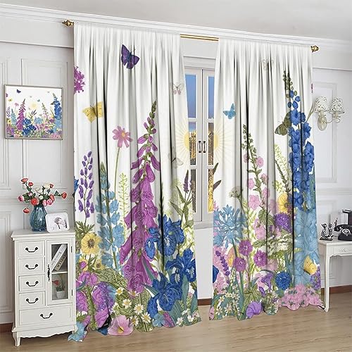 Miniatura 37 de Retro 70s Floral Blackout Window Curtains, Watercolor Flower Plant Rustic Modern Style Pattern Window Drapes, for Bedroom Living Room 42x45in 2