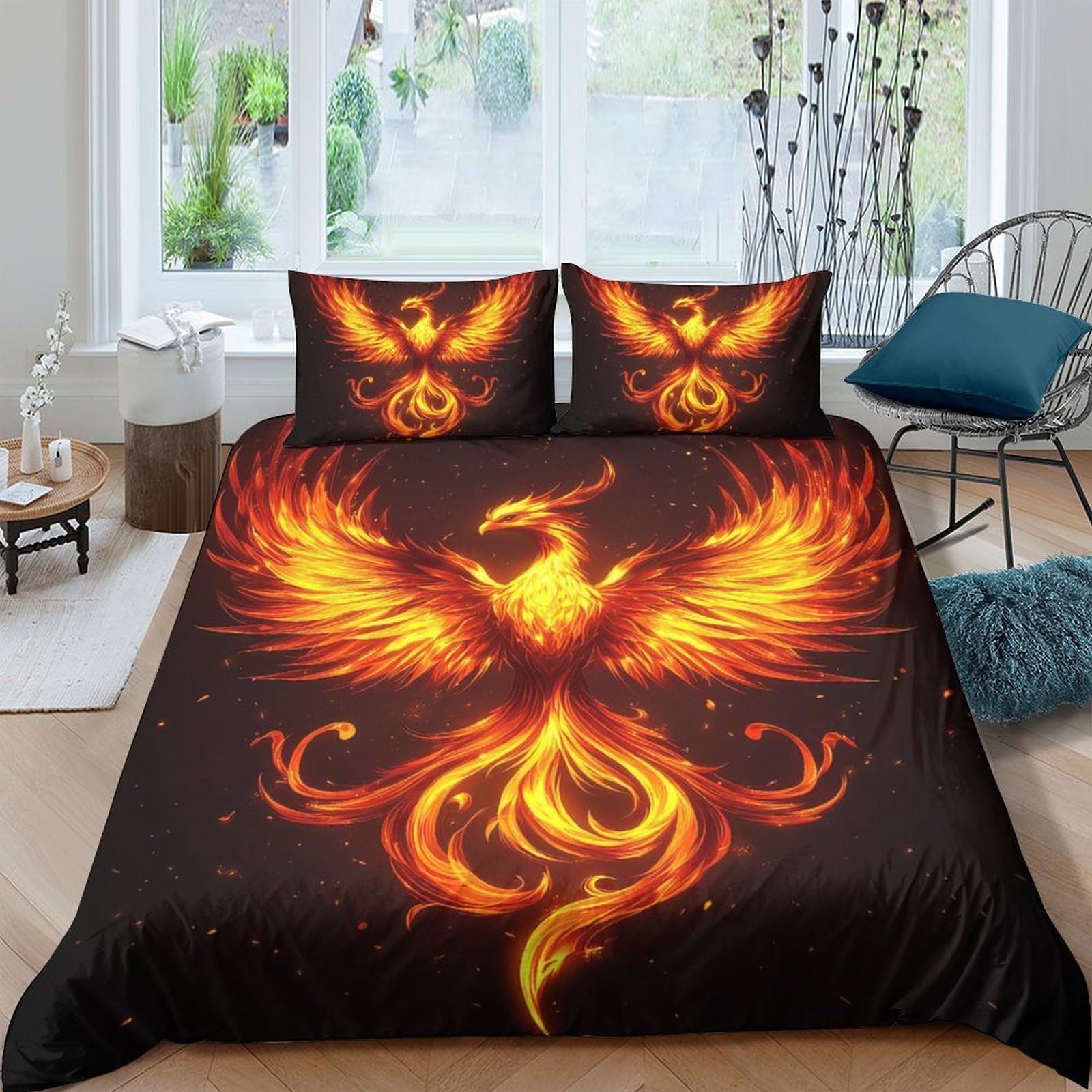 GPLZQXKJNH 3D Printed Fire Phoenix Duvet Cover Microfiber Soft Breathable Flame Bird Bedding Set with 2 Pillowcases for Bedroom Decor Single（135x200cm）