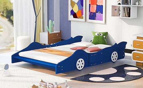 Miniatura 288 de Cama de plataforma en forma de auto de carreras con ruedas, cama de plataforma de madera tamaño individual con barandilla, cama de plataforma para