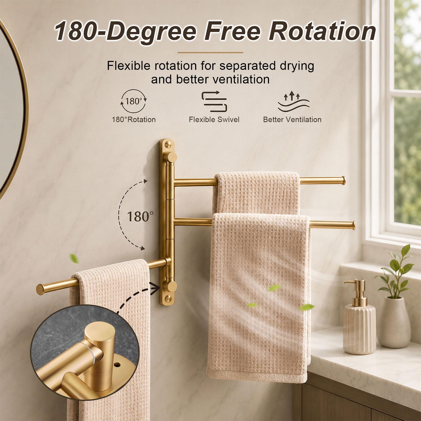 Toallero Giratorio para baño, Toallero de Latón Macizo Premium, Barra Giratoria 180 Grados con Ganchos, Color Dorado Cepillado, Montaje en Pared, 4 Barras(Black Gold,27cm/10.6in)
