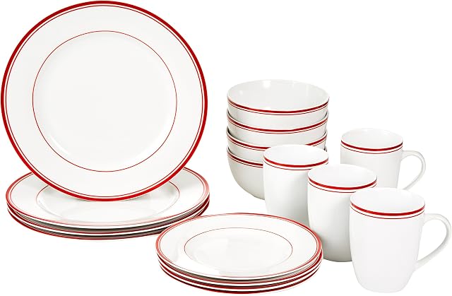 Amazon Basics Cafe Stripe Dinnerware Set with 16-Pieces - Red