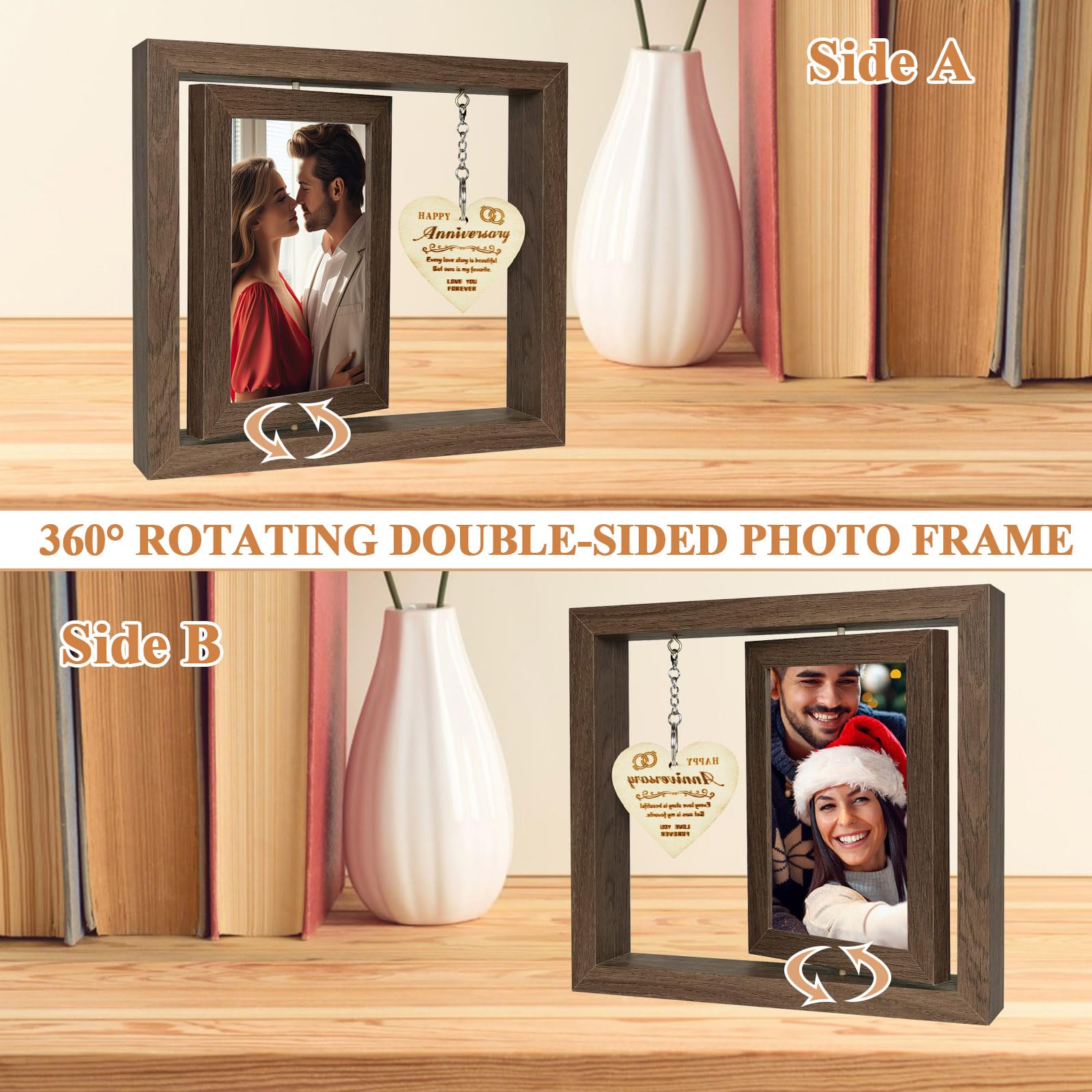 Fychuo Happy Anniversary Wooden Pendant Photo Frame - Double-Sided Rotating 4x6 In Frame for Couples Wedding Gifts for Him and Her - Image 2