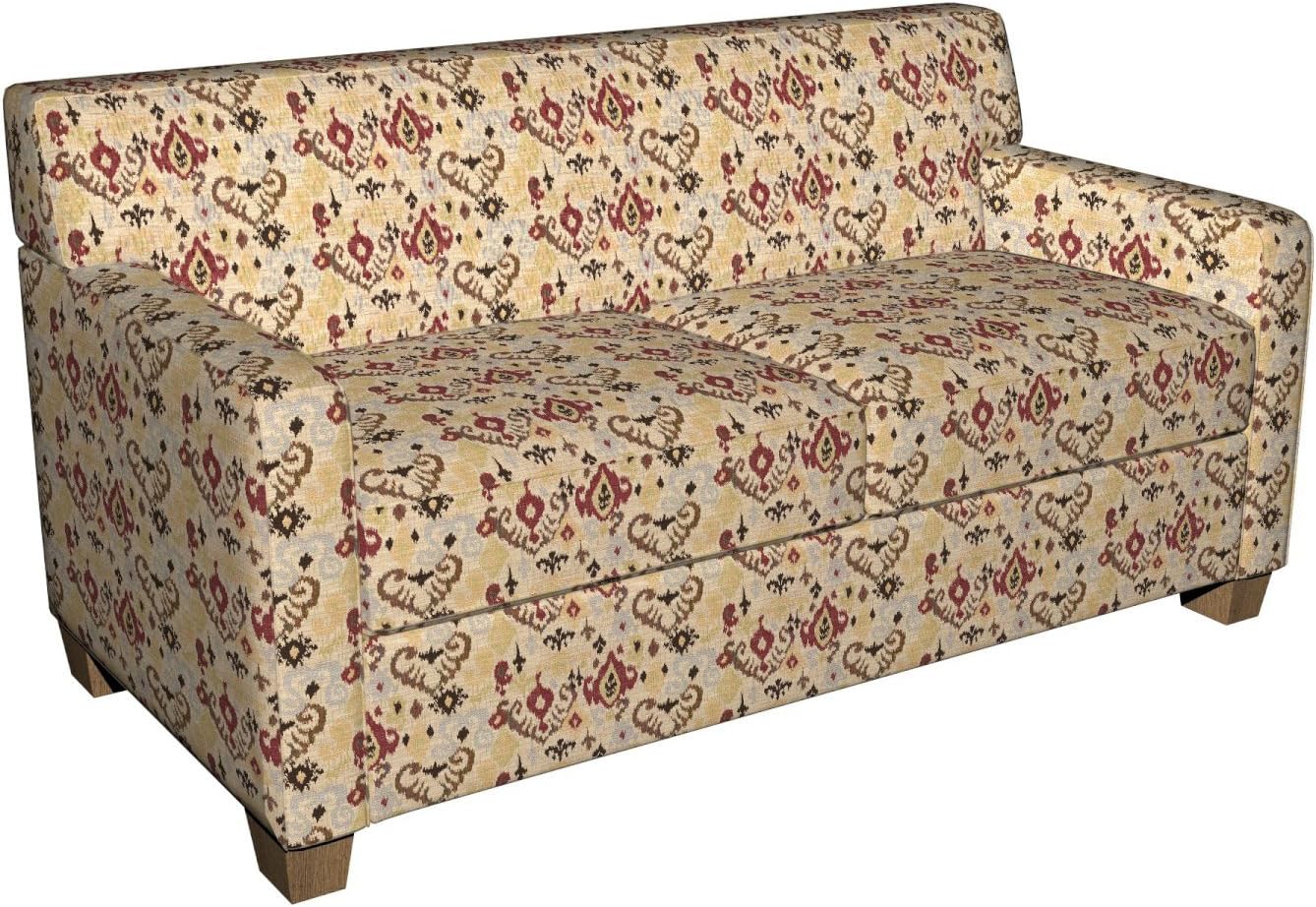 Dark Red, Gold and Light Blue Woven Elegant Ikat Upholstery Fabric by The Yard - SKU: Drake Redstone