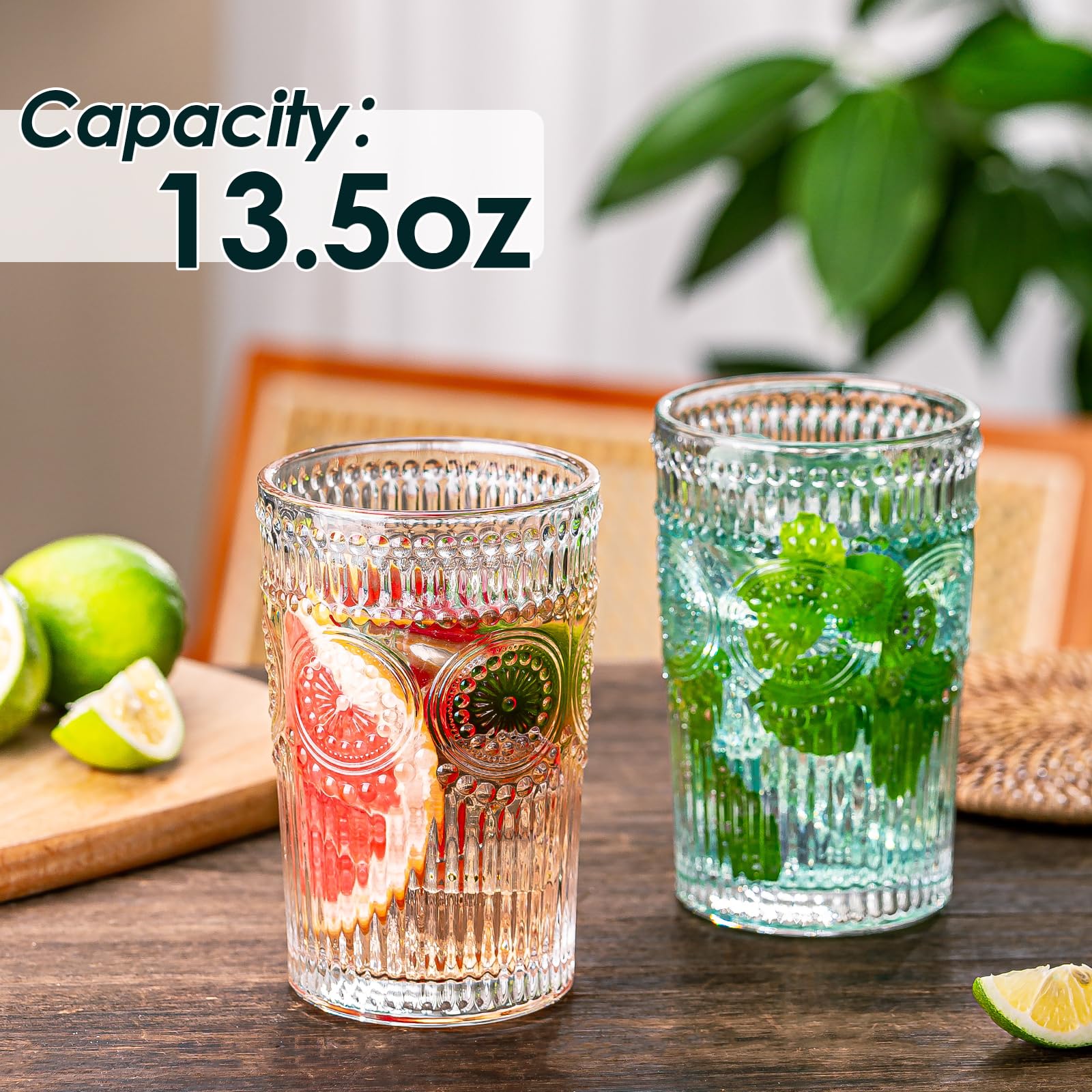 Juego de 12 vasos vintage de vidrio transparente con textura a rayas, juego de cristalería acanalada, vasos altos de vidrio de agua, tazas de mojito, vaso de cóctel, taza de café helado