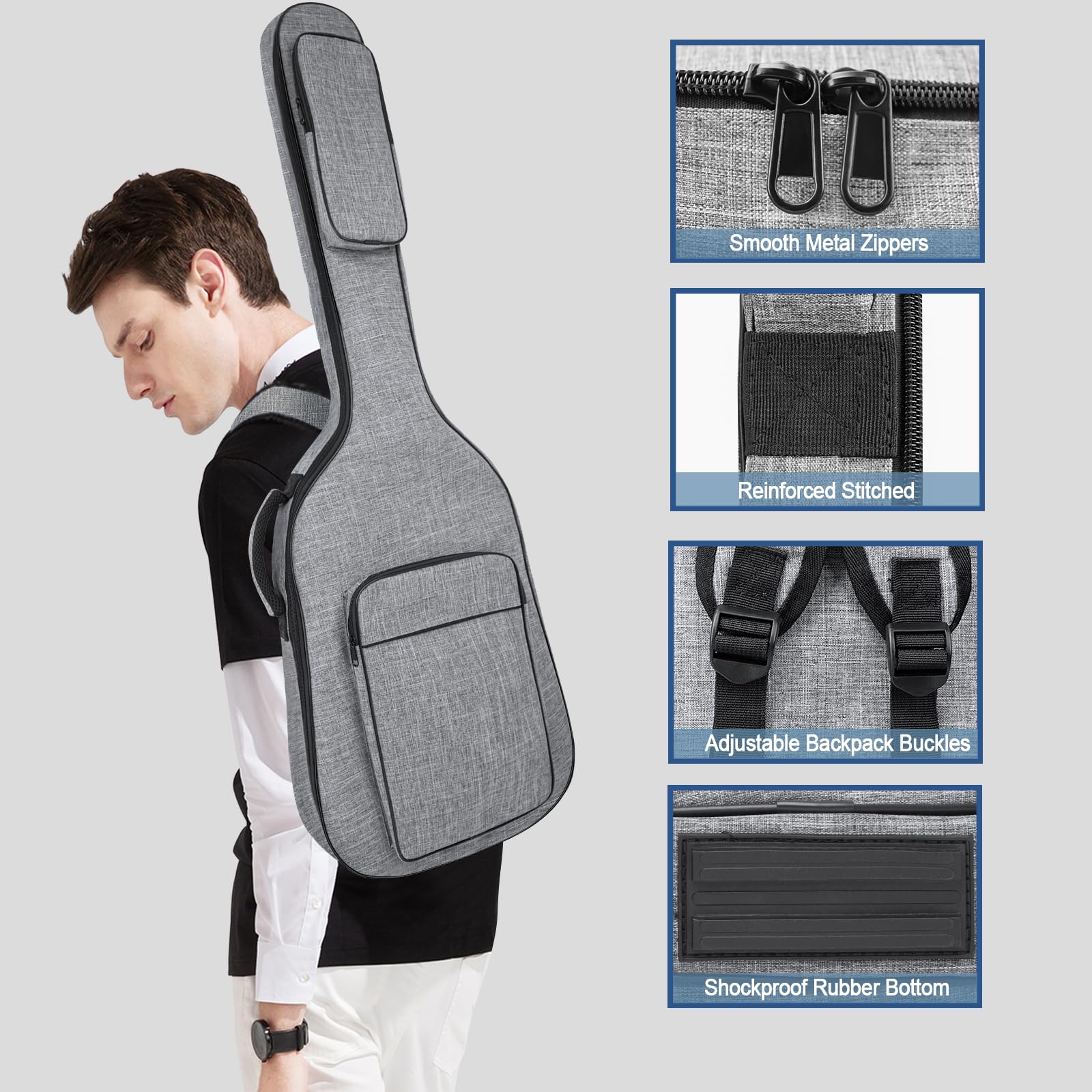 Funda para bajo eléctrico con bolsillos, color gris, 7 mm, acolchado, suave, para bajo, gris, 116.84 cm, Sencillez con estilo