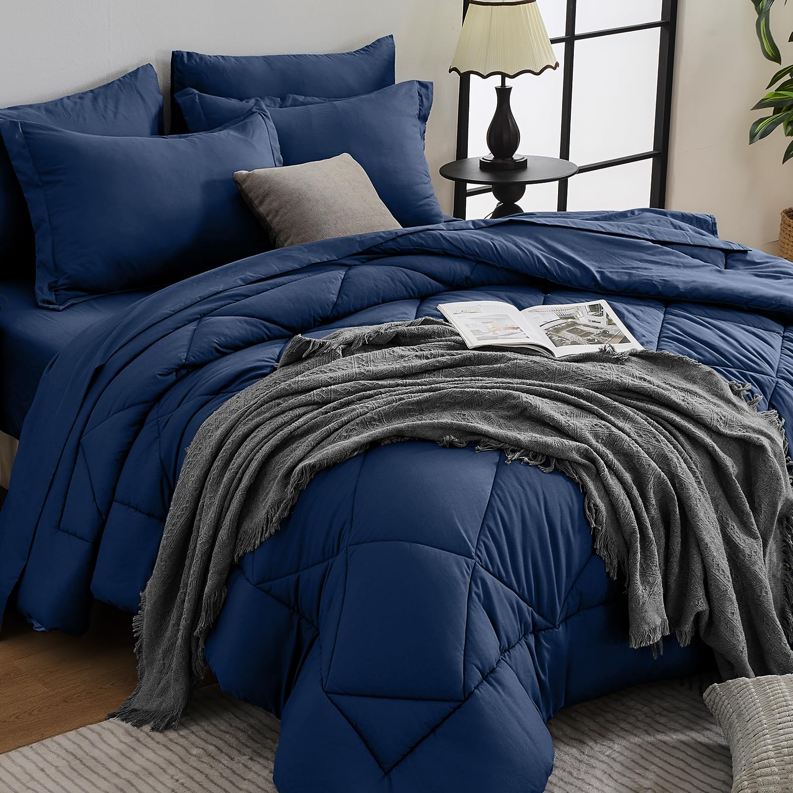 HEVUMYI 7-Piece Oversized King Comforter Set, Navy Bed in a Bag