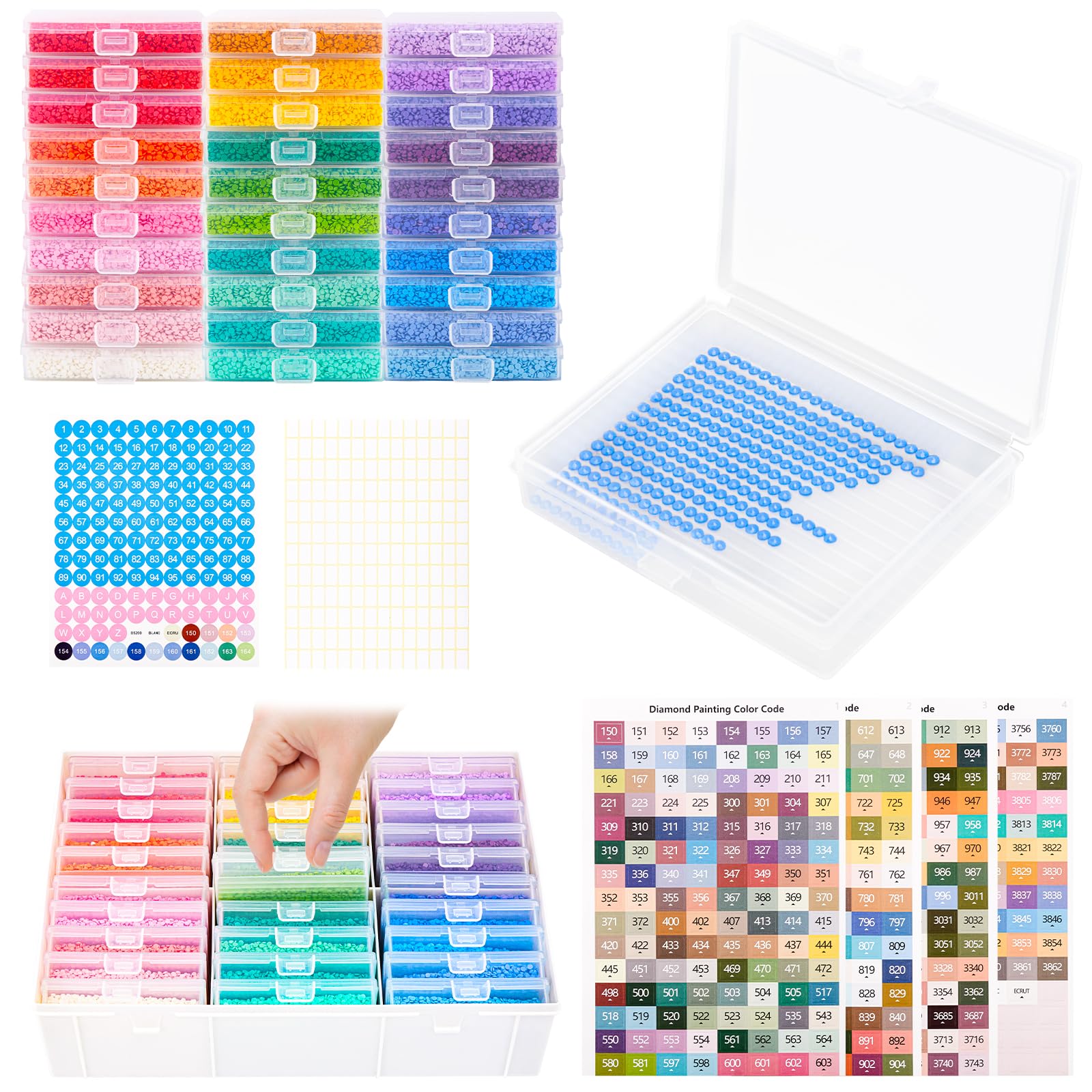MOLEDINO 30Pcs Diamond Art Storage Trays with Lids, 2-in-1 Diamond Painting Containers Trays Kit with 1 Large White Plastic Organizer Box, Stackable Bead Storage and Line-Up Accessories