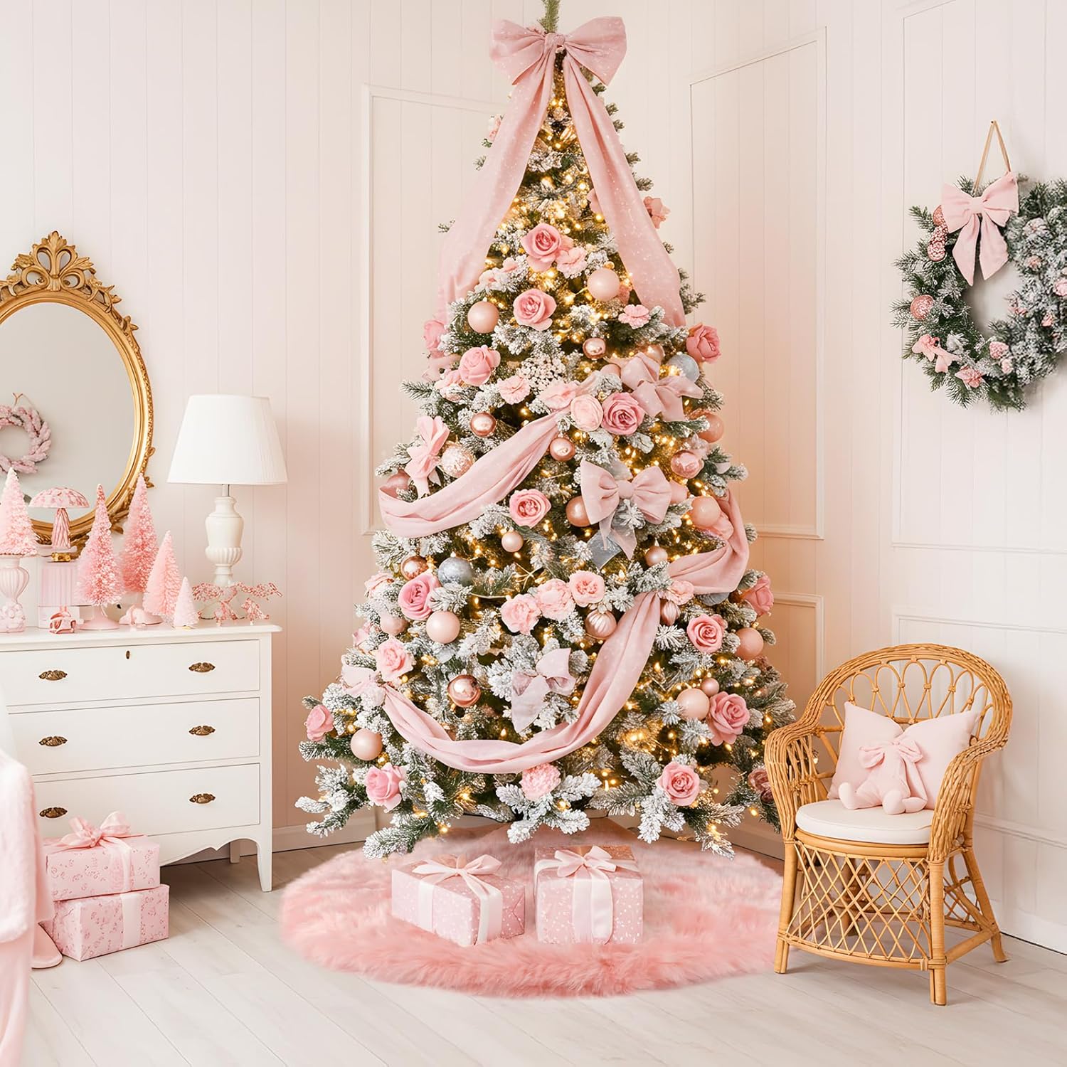MACTING Faux Fur Christmas Tree Skirt 28 Inch Pink Plush Skirt Fluffy Soft Double Layer Small Tree Mat Base Cover for Merry Christmas Party Holiday Home Indoor Halloween Xmas Tree Decorations