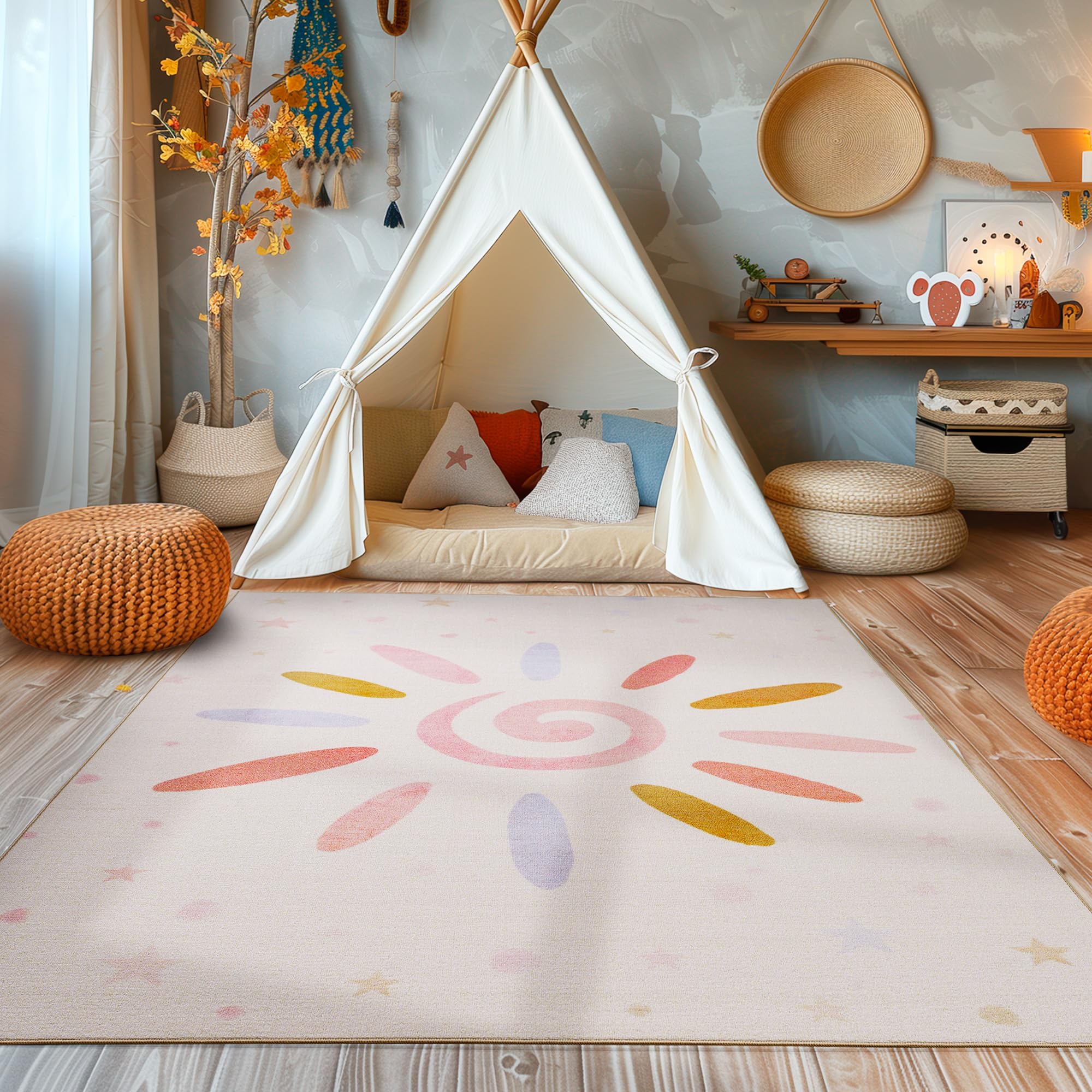 SIMPEX Alfombra para habitación Infantil, diseño de Sol, Alfombra para niños, alfombras para habitación de bebé, Alfombra Color Crema, Lavable y Antideslizante Crema, 80 x 120 cm