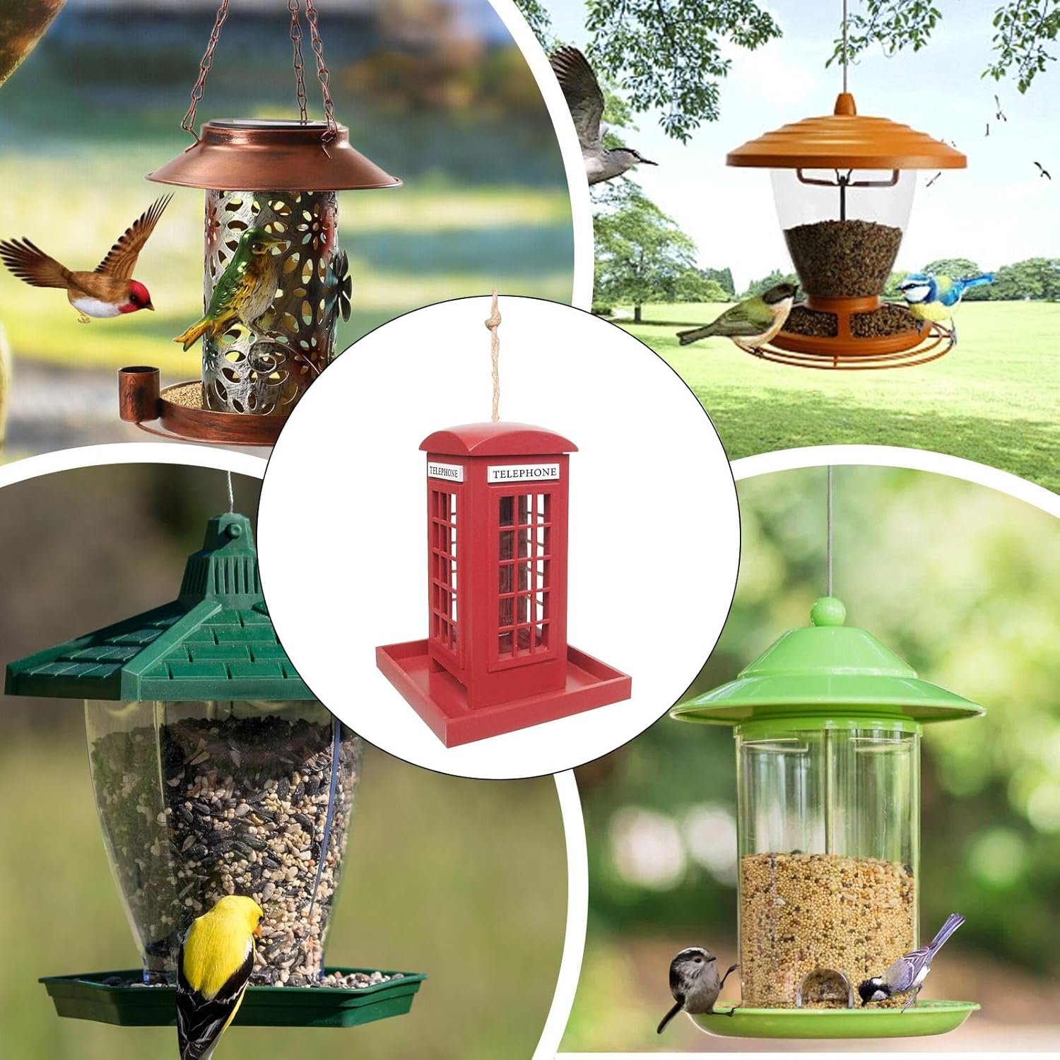 Wooden Bird Feeder, 19.5x14cm Red Telephone Booth Birdfeeder, Decorative Outdoor Feeding House for Wild Birds, Garden, Backyard, Porch, Balcony