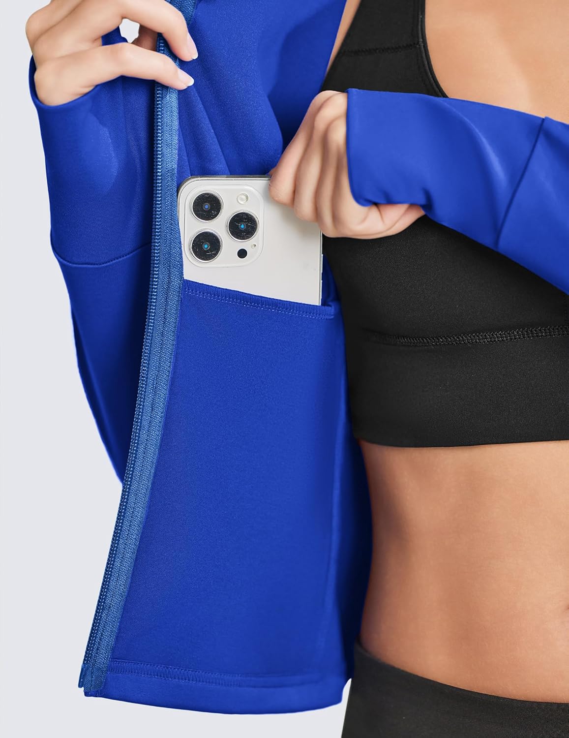 PINSPARK Women Cropped Workout Jackets Full Zip Slim Fit Athletic Jackets Thumb Holes Running Jacket with Zipper Pockets - Image 3