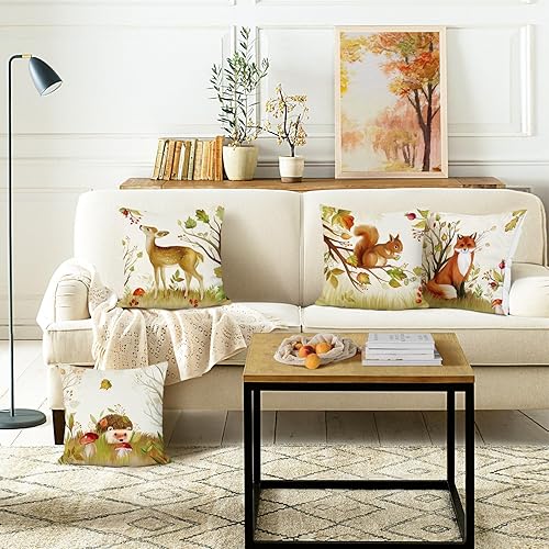 Miniatura 2 de Bonhause Juego de 4 fundas de almohada de animales del bosque otoñal de 18 x 18 pulgadas, diseño de ciervo, zorro, ardilla, hojas de otoño, fundas