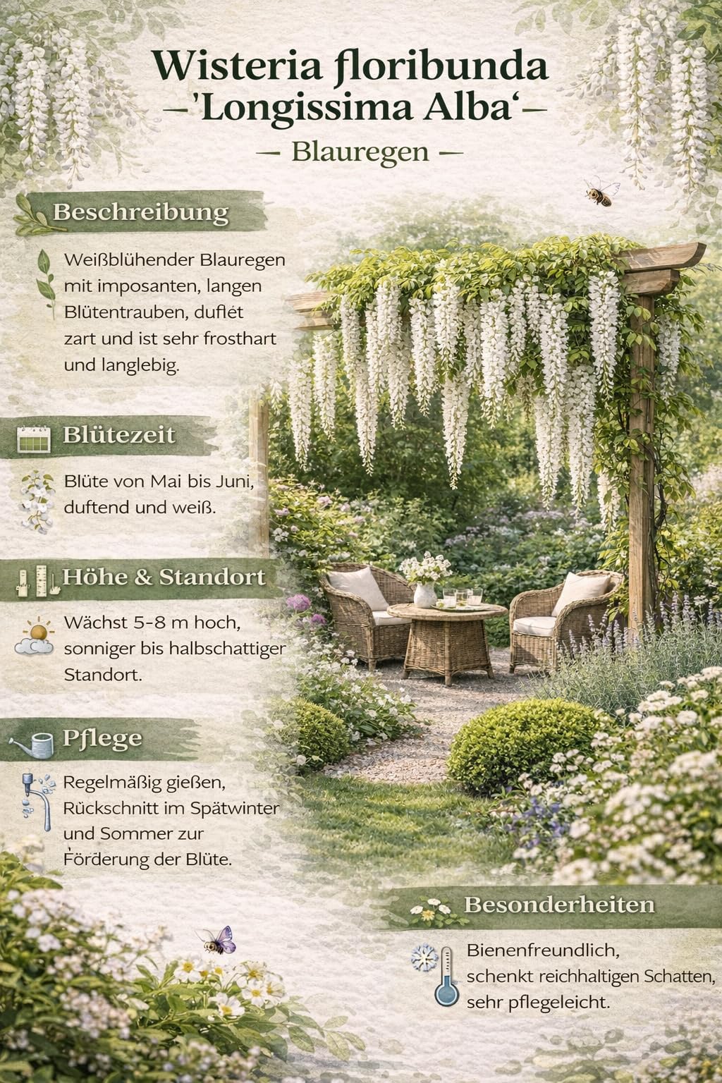 Weißer Blauregen Longissima Alba 180–200 cm – Wisteria floribunda, duftende Kletterpflanze, winterhart, rankend, ideal für Pergola, Garten & Fassade, stark wachsend