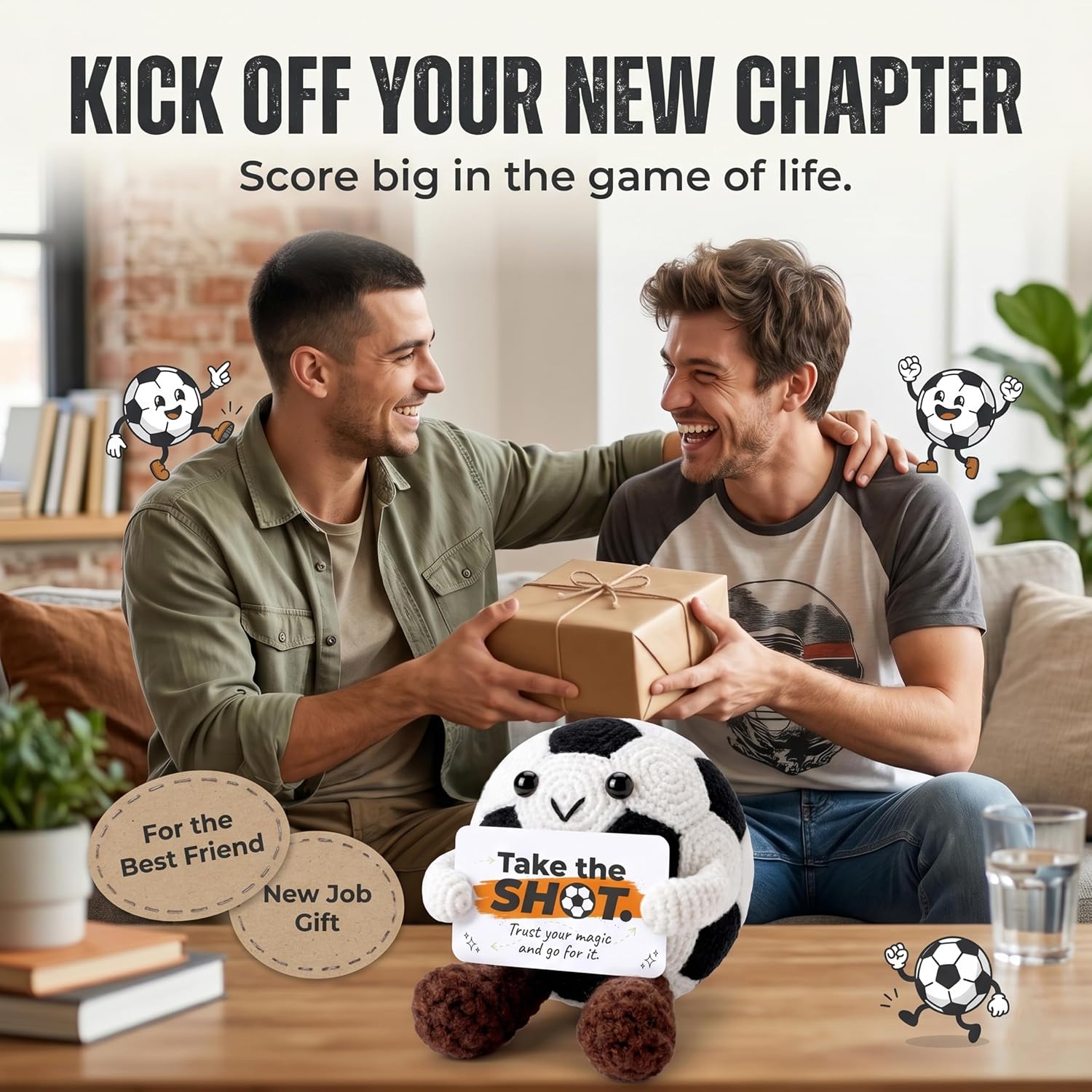 Handmade Crochet Soccer Ball Plush - Handcrafted Soccer Ball Companion with Encouragement Card, Motivational Sports Gifts for Fans, Players & Coach, Emotional Support Keepsake in Kraft Box (Soccer-C)
