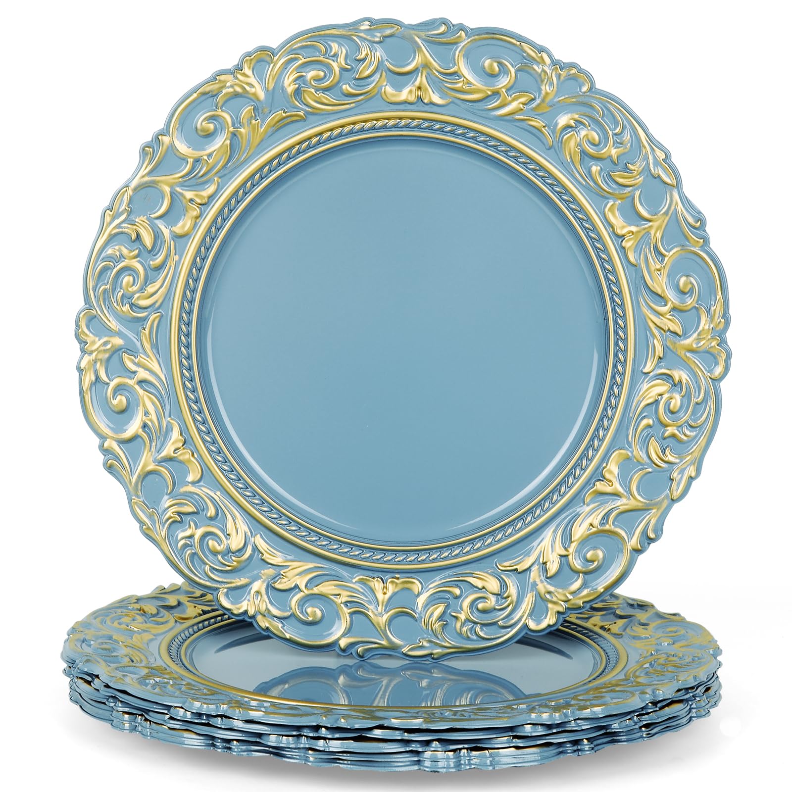 YXZHUOYU Antique Charger Plates, Set of 6 Plastic Embossed, Blue Charger Plate, 13 Inch, Elegant Charger Plates, Plate Set, Decorative Chargers for Dinner Plates