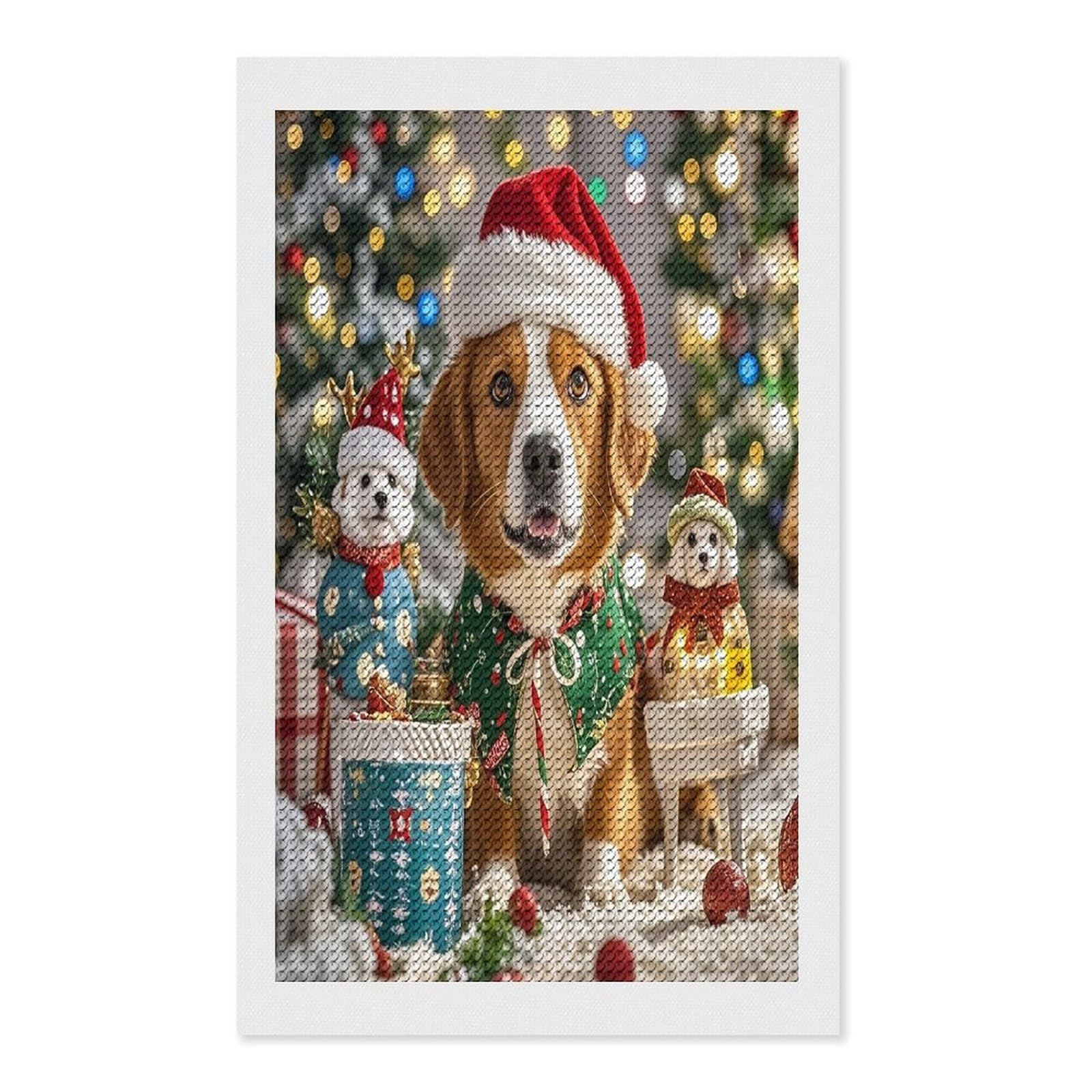 FekiLoot Merry Christmas Dog Diamond Painting Kits for Beginners DIY Diamond Art Kits for Adults Full Drill Round Diamond Dot Gem Art Painting Fun DIY Crafts for Home Kitchen Wall Decor Gift 12"x20"