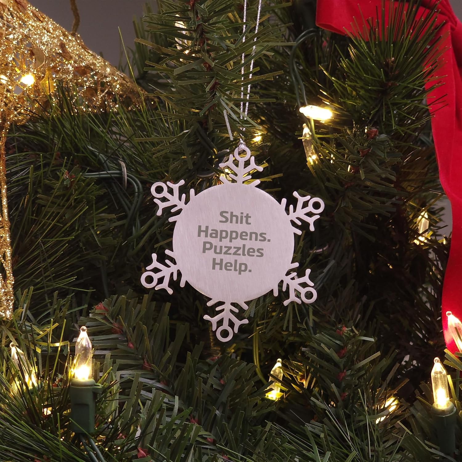 Funny Puzzles Gifts for Christmas - Shit Happens. Puzzles Help. Snowflake Ornament, Gifts from Family to Friends, Unique Presents for Puzzles Enthusiasts