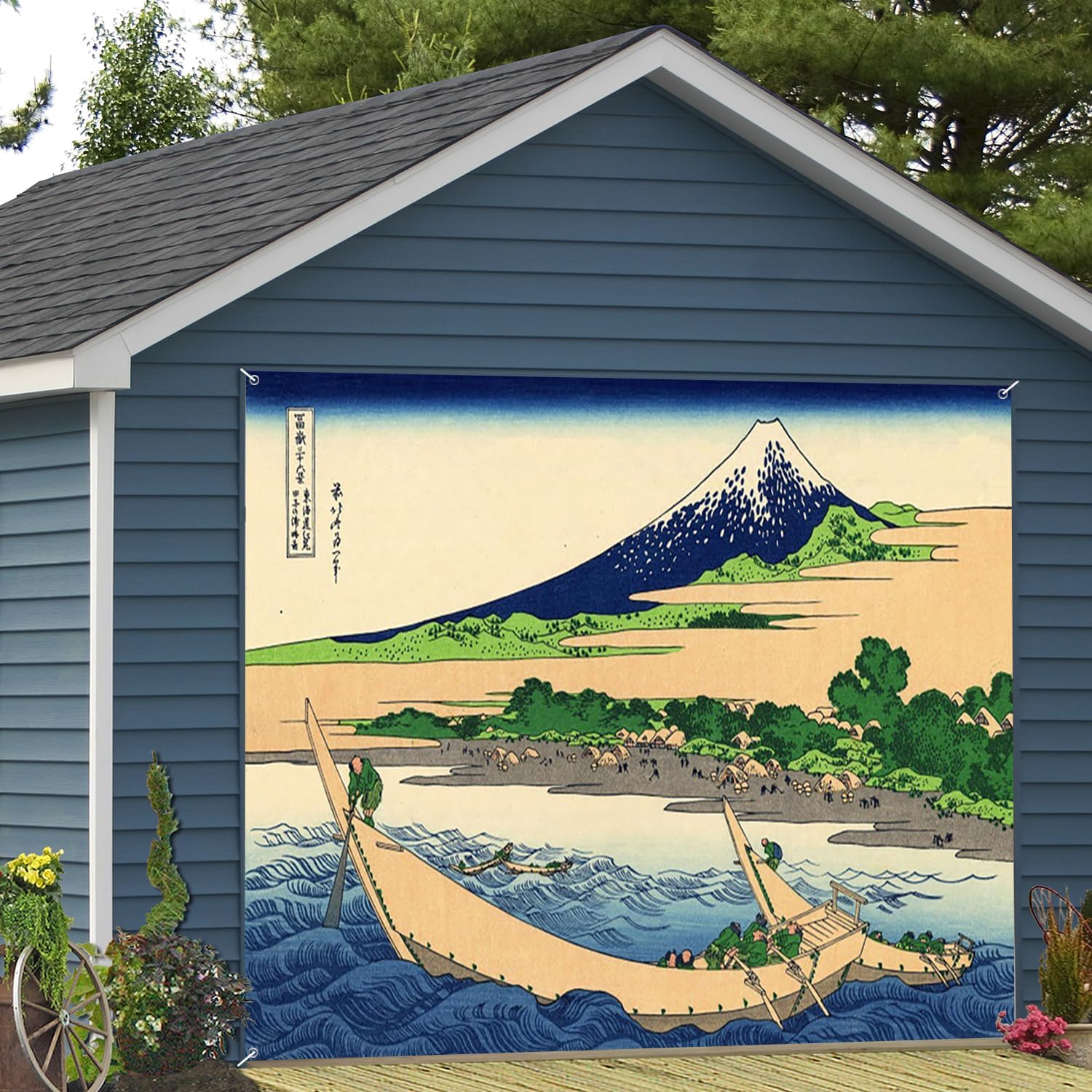 7x8ft Japanese Style Ukiyoe Garage Door Decor Blue Wave Sailboat Mount Fuji Green Tree Village Garage Door Background Abstract Art Modern Family Background Decoration
