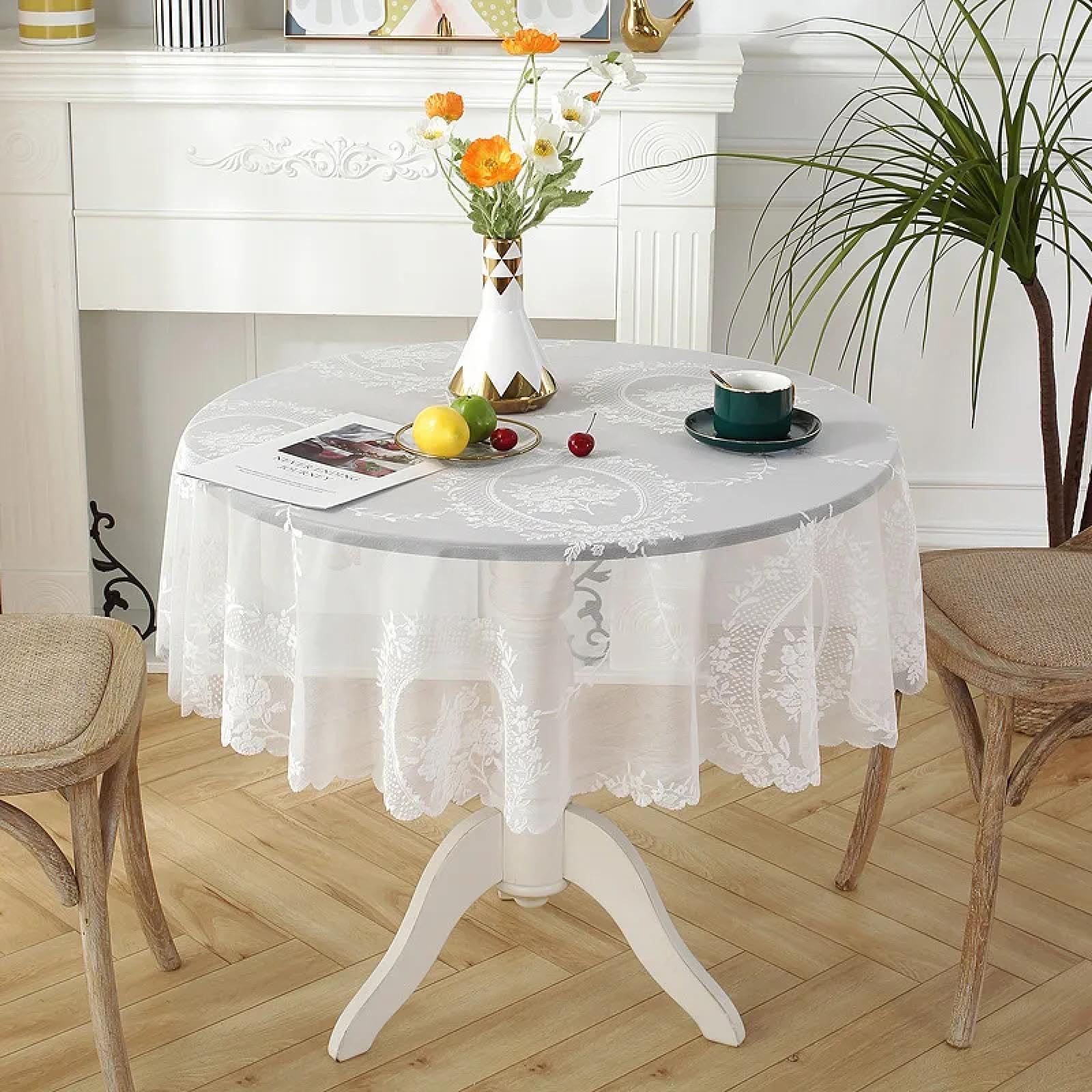 Nappe ronde blanche en dentelle de 100 cm pour décoration de table