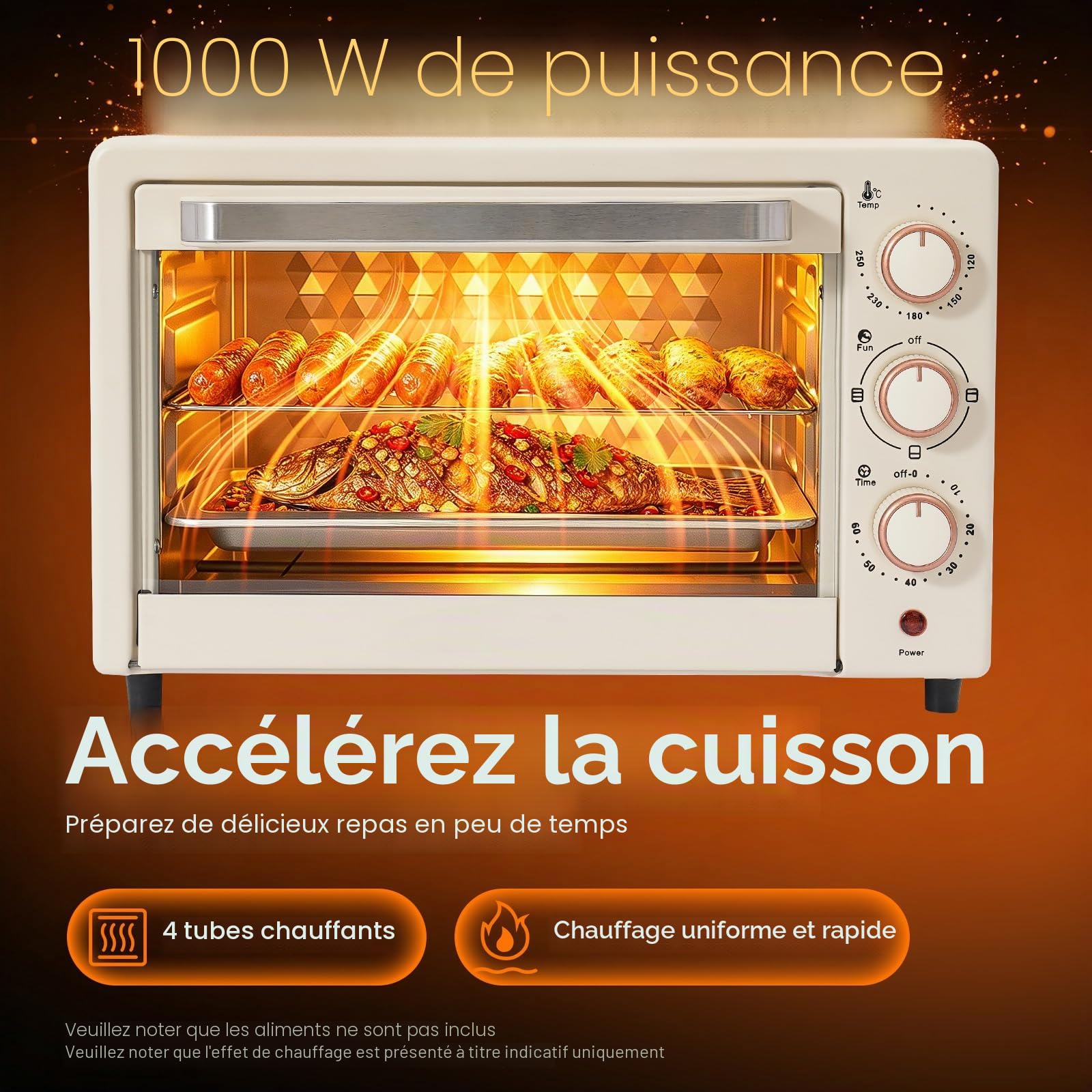 Mini four électrique, 22 l, avec chaleur de voûte et de sole, minuterie de 60 min, température 120-250 °C, petit four, 1000 W, avec poêle et grille, blanc