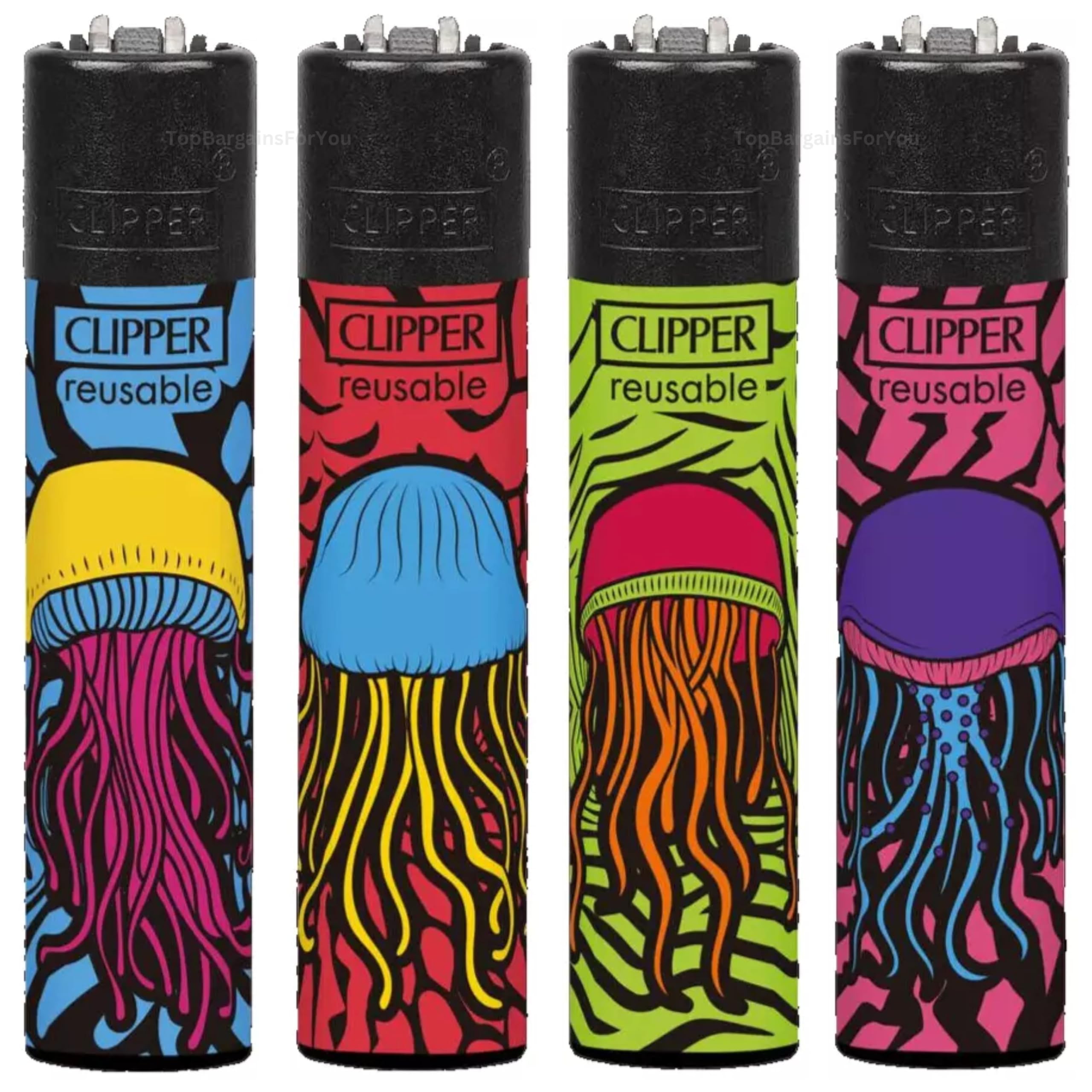 Zactly - 4 x Clipper Lighters JELLYFISH-THEMED SHROOMS Design Set, Gas Refillable Flint Rare - Limited Edition