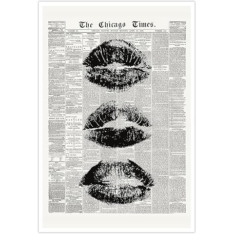 Trendy Newspaper Wall Art Vintage Black And White Kiss Lips Posters Retro Cool Girl Canvas Prints Funky Girly College Wall Decor for Girl Dorm Room Bedroom 12x16in Unframed