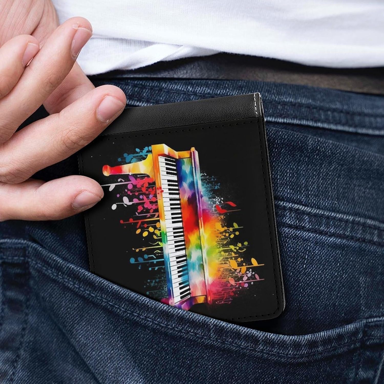 Colorful Piano Keyboard Music Note Wallet Passcase for Men, Extra Capacity Bifold Leather Wallets with ID Windows, Slim Stylish Wallet for Gift, Blocking Money Clip for Cards, Coin Pouch image 5