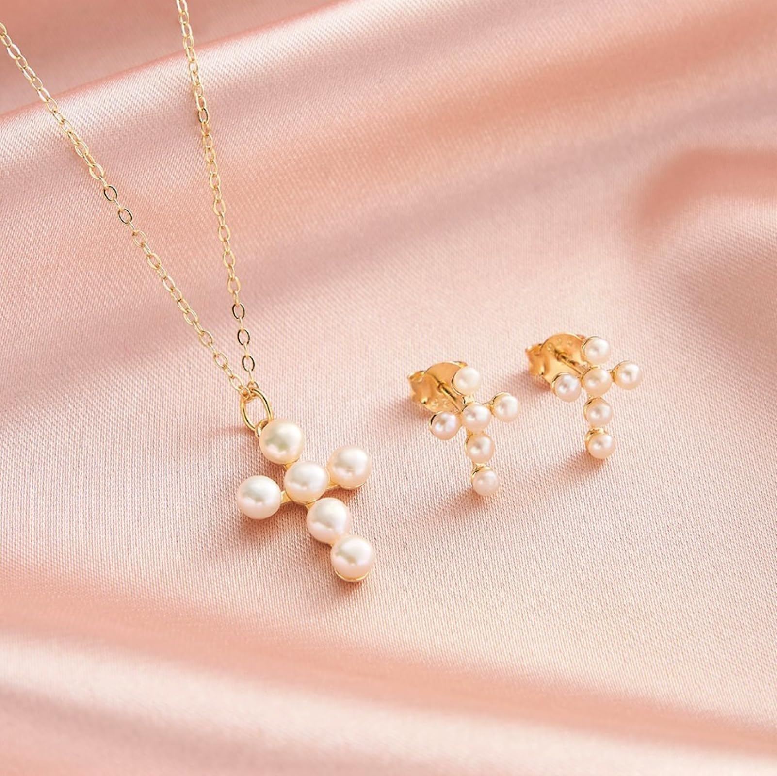 Pendientes/Collar con perlas de agua dulce para mujer cruz de diseño plata de ley 925
