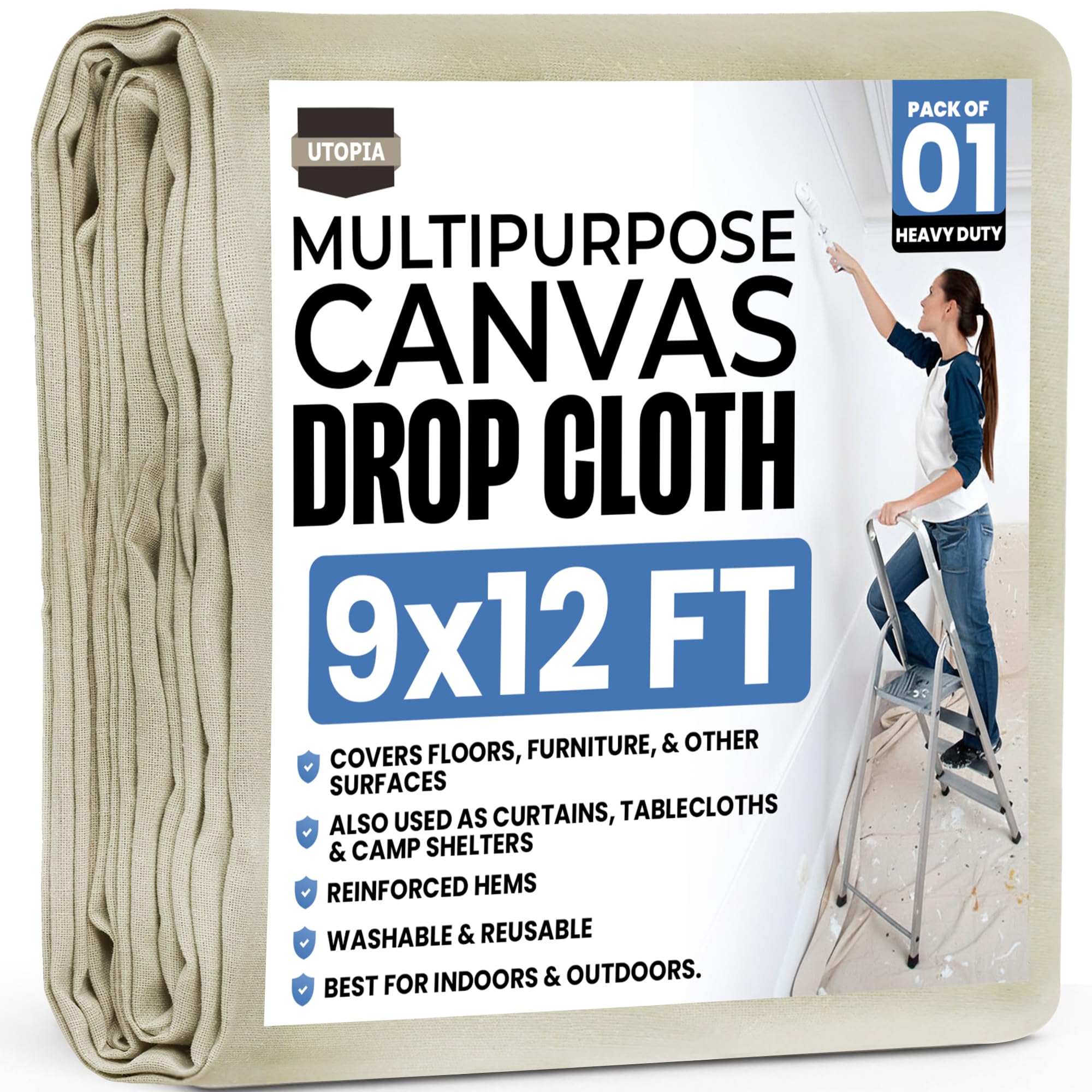 Utopia Drop Cloth for Painting (9x12 ft, 1 Pack) Washable and Reusable Canvas Fabric for Furniture & Floor Protection Highly Absorbent Paint Cover - Duck Dropcloth for Outdoor and Indoor Use
