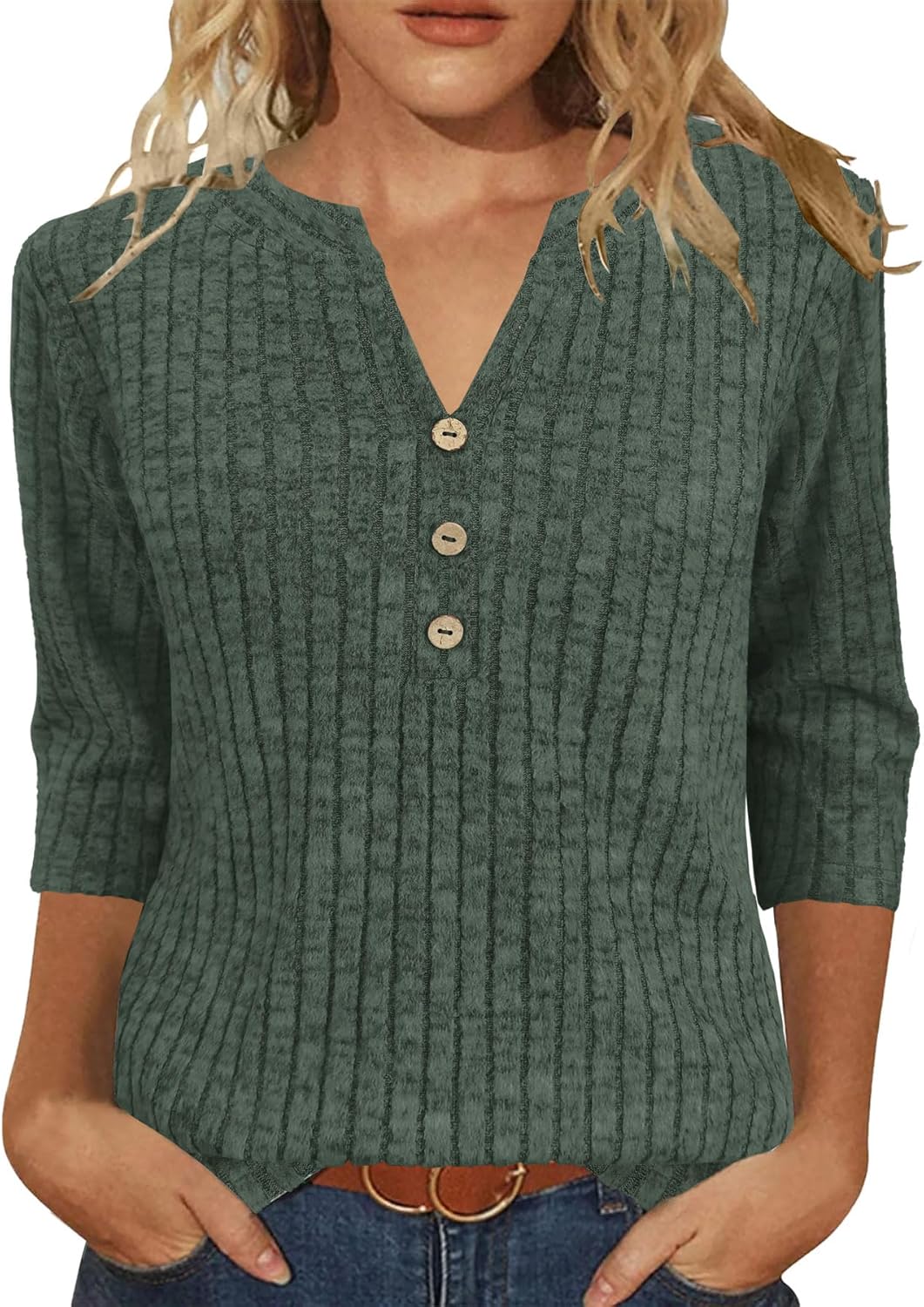 JomeDesign Sweaters for Women 3/4 Sleeve V Neck Shirts Dressy Casual Blouses Loose Fit Tunic Tops