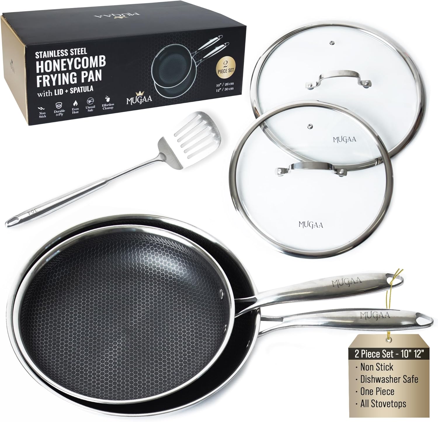 Stainless Steel Frying Pan Set, Sartenes de Acero Inoxidable 2-Piece Honeycomb Nonstick Skillets 10", 12" With Lids, Spatula, Oven & Induction Compatible, Dishwasher Safe Pan Set