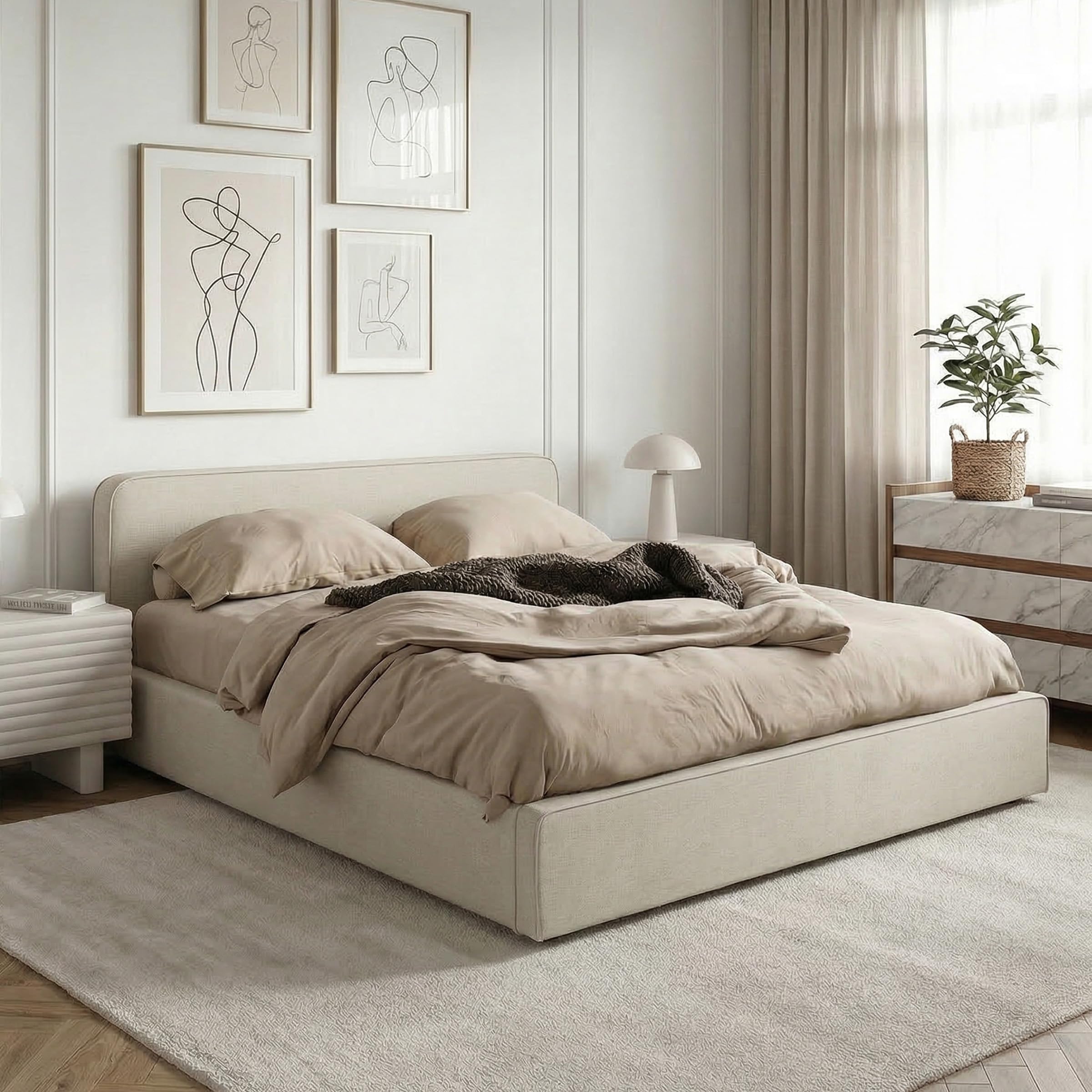 Lit Double BELARTI 140x190 cm rembourré, Revêtement en Tissu Beige, Lit Style Moderne pour 2 Personnes, Cadre de lit en Bois avec sommier Inclus