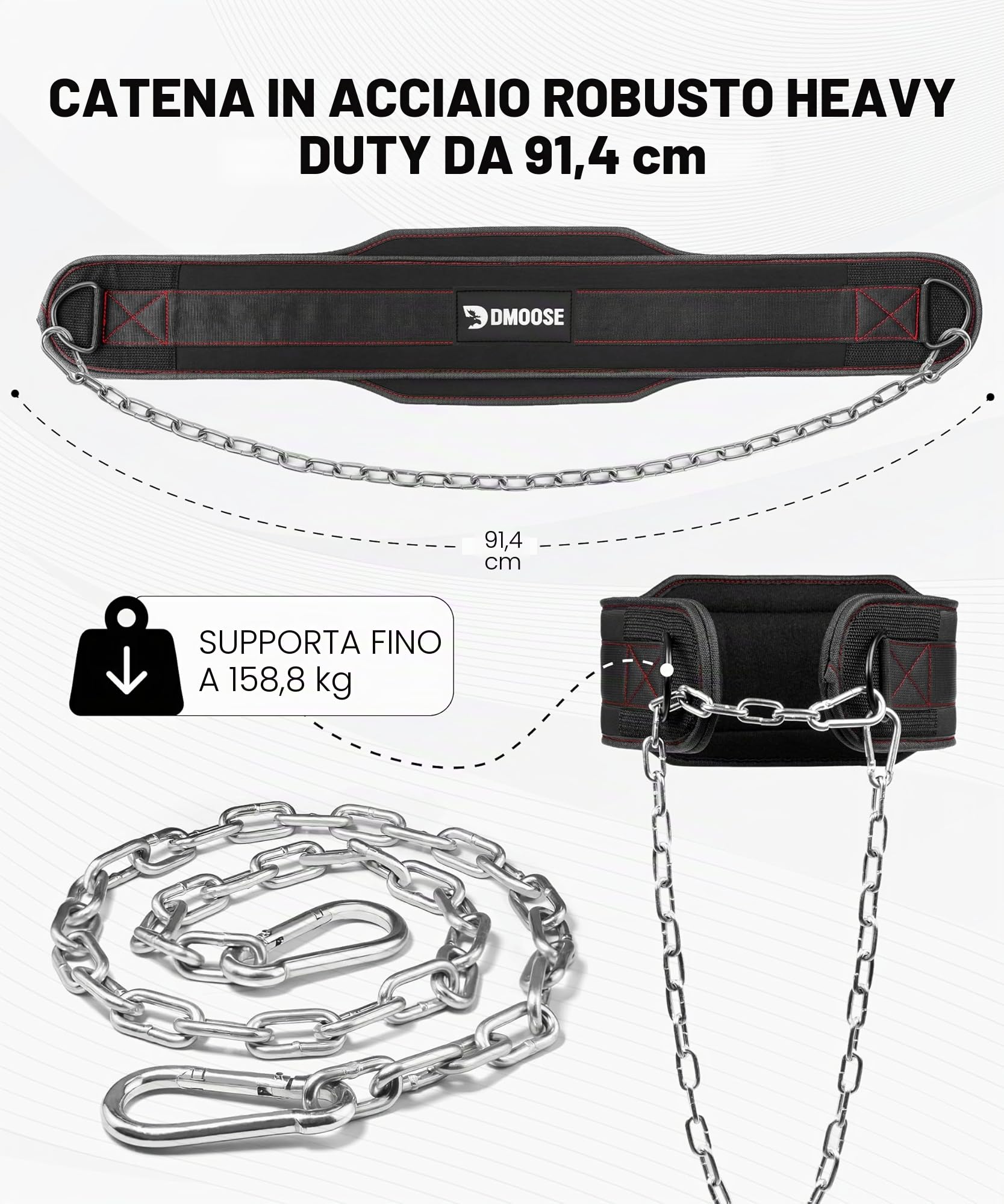 Cintura Fitness DMoose Per Sollevamento Pesi, Pull-Up E Dip - Catena In Acciaio Robusta Da 36", Imbottitura In Neoprene Che Supporta 350 Libbre - Cintura Per Allenamento Di Forza E Sollevamento Pesi