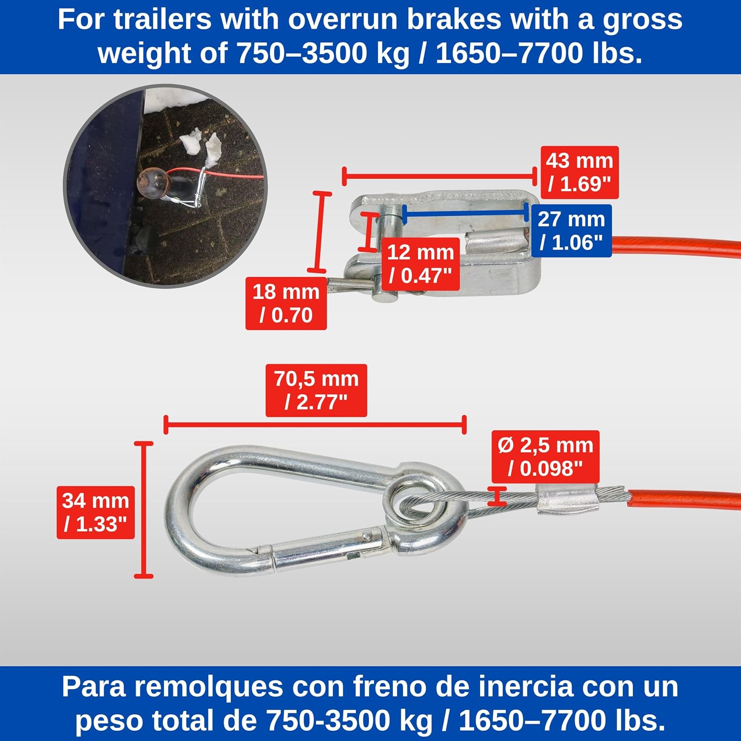 2 Sets 1 Metre x Diameter 2.5 mm Steel Cable with Clevis and Cotter Pin 250kg Breaking Load in Red for All Types of Braked Trailers and Caravans, Sheathed Safety Rope AHK image 4