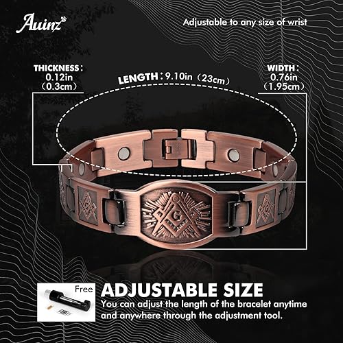 Miniatura 3 de Pulseras masónicas de cobre puro para hombre, 9 pulgadas, ajustables, con imanes de 3500 Gauss, alivio del dolor para artritis y migrañas del túnel